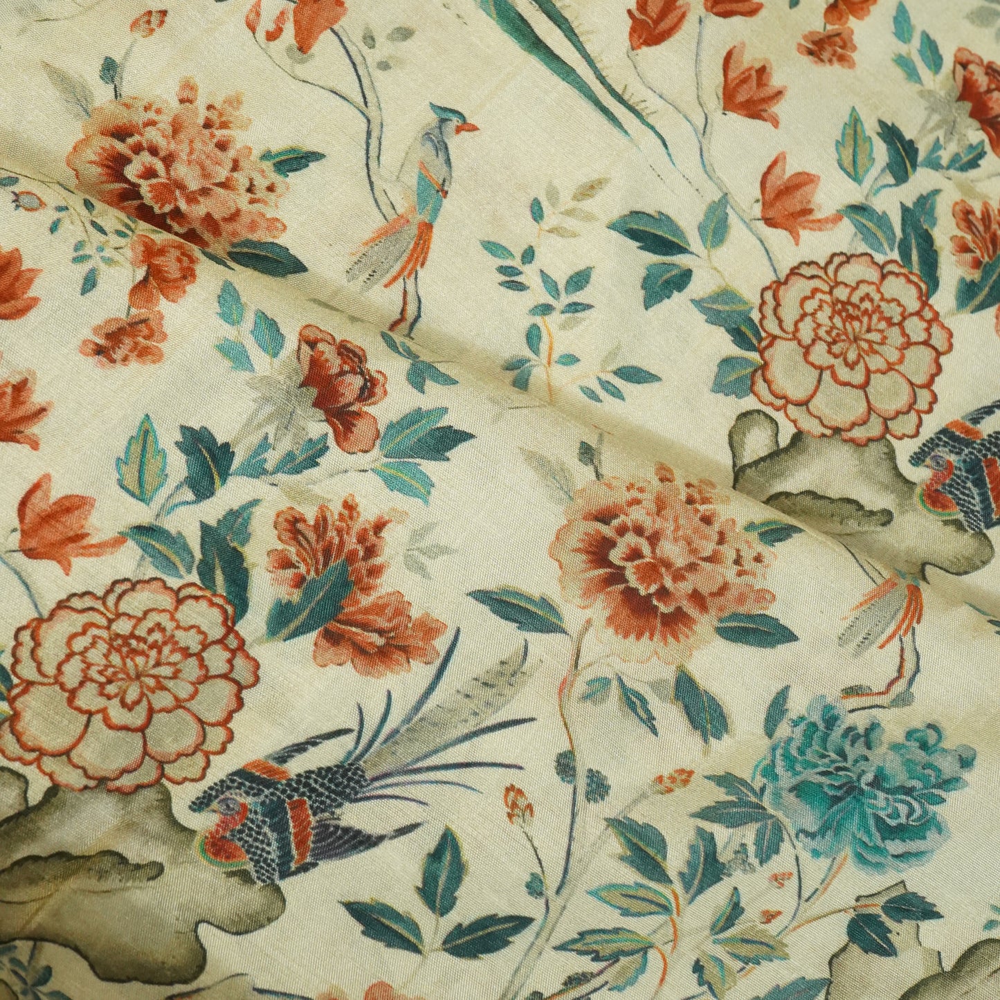 Beige N Orange Floral Raw Silk Fabric-SNTF-26972