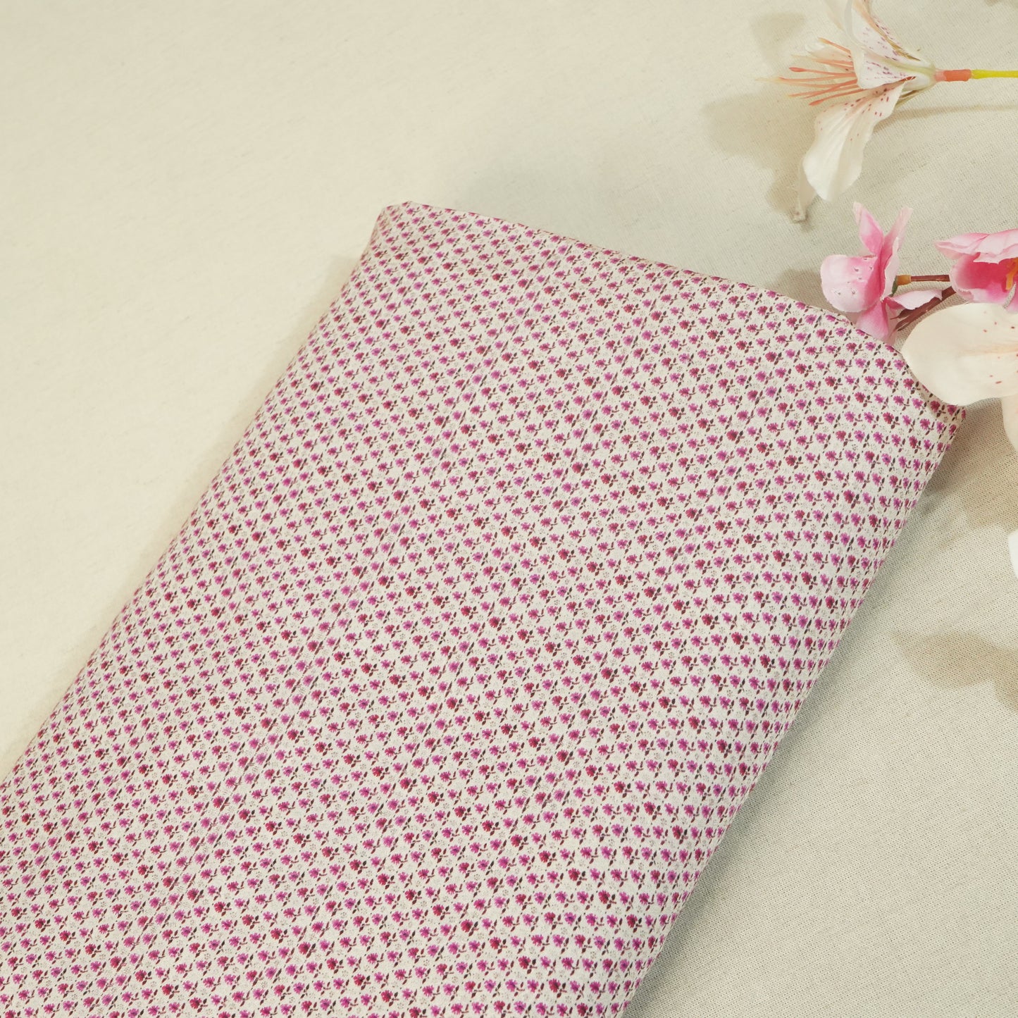 Beige N Pink Floral Print Raw Silk Fabric-SNTF-26974