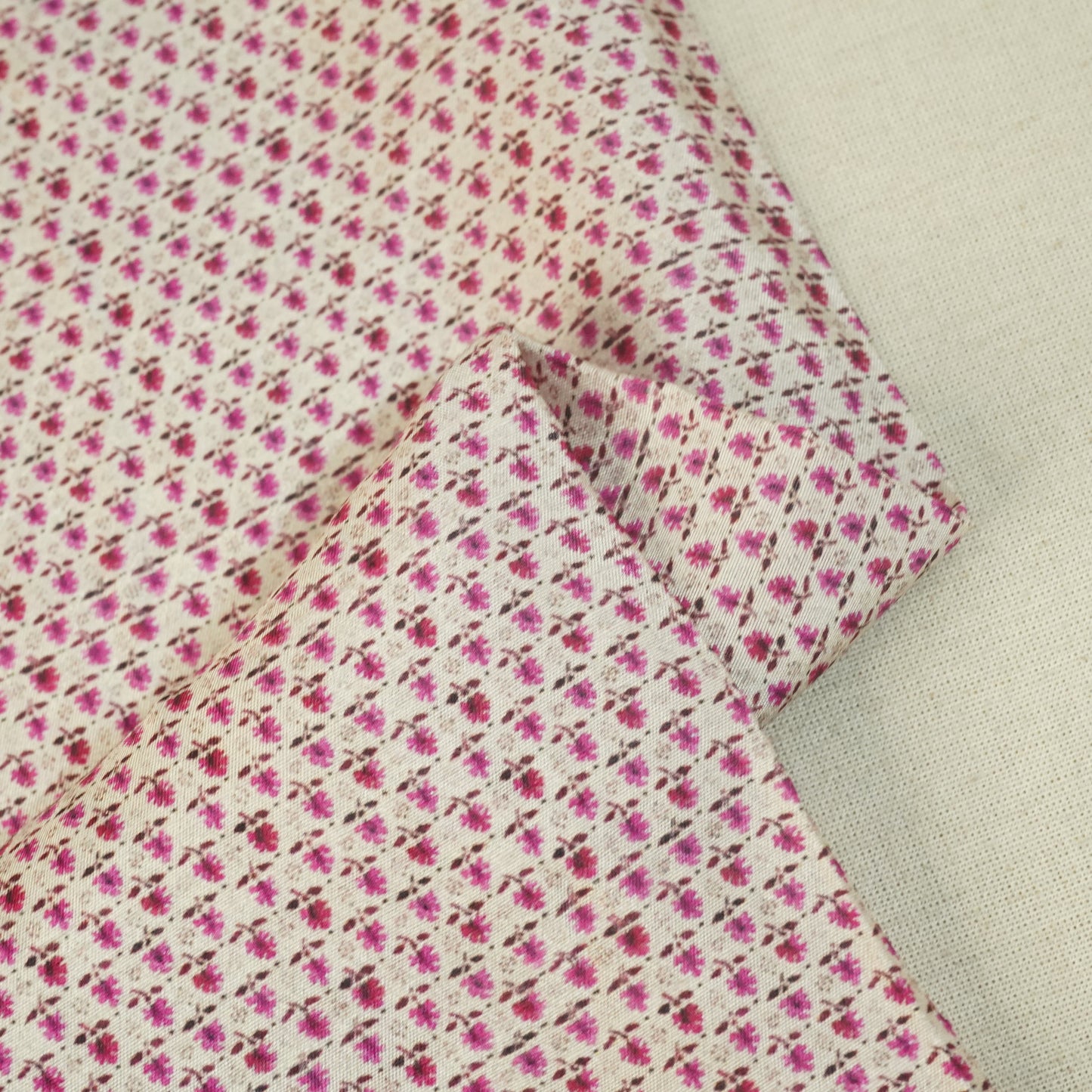 Beige N Pink Floral Print Raw Silk Fabric-SNTF-26974