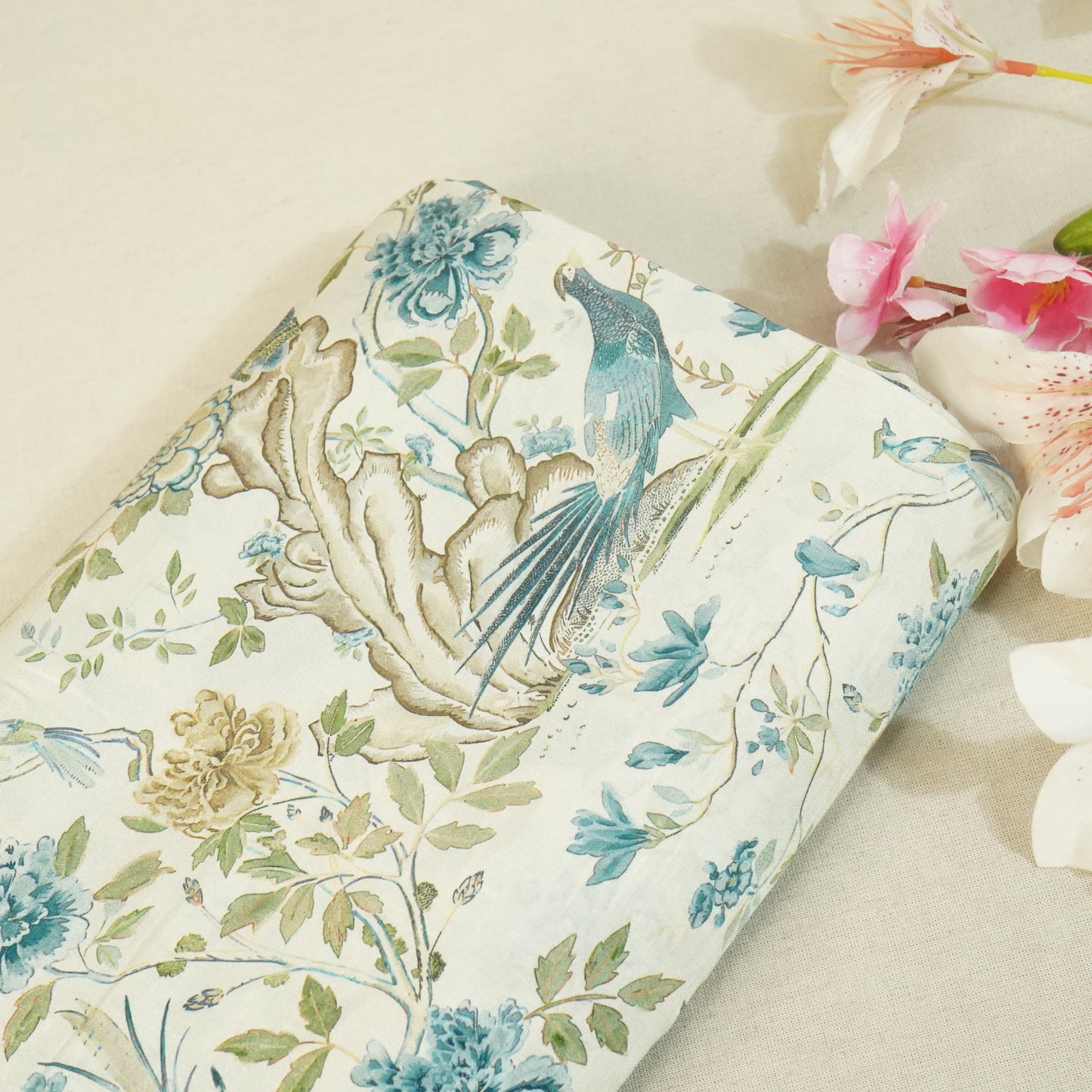 Beige & Blue Floral Raw Silk Fabric-SNTF-26976