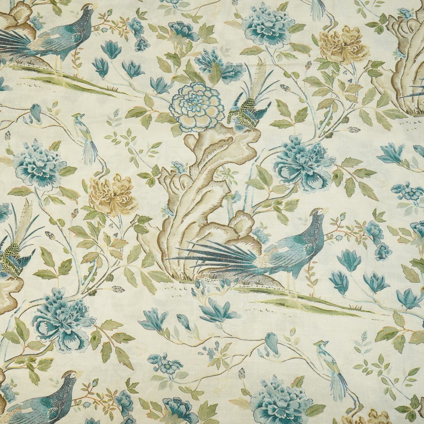 Beige & Blue Floral Raw Silk Fabric-SNTF-26976