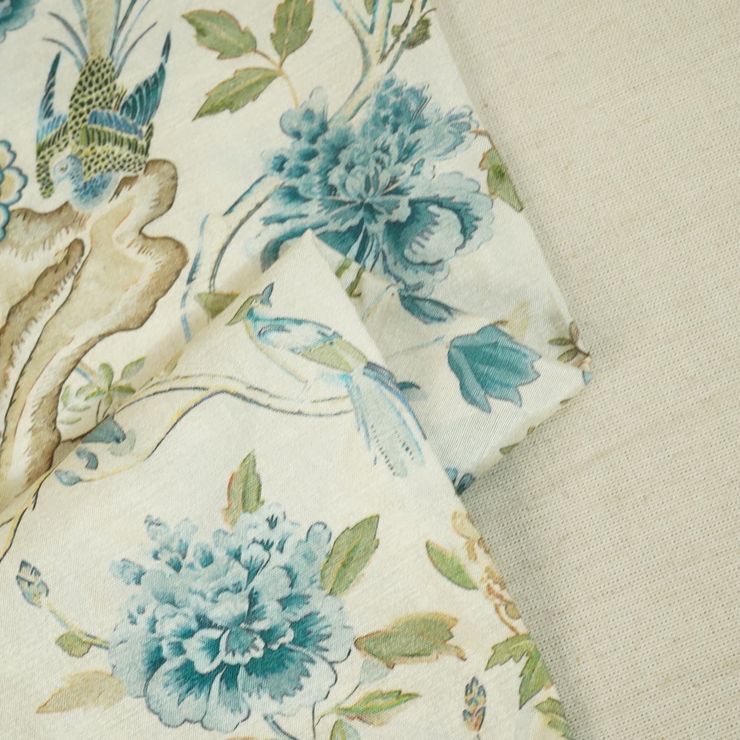 Beige & Blue Floral Raw Silk Fabric-SNTF-26976