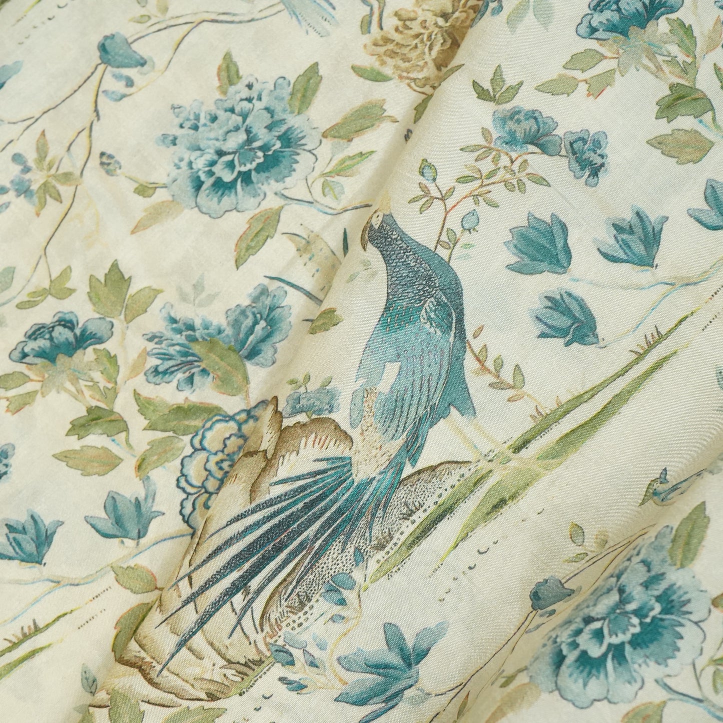 Beige & Blue Floral Raw Silk Fabric-SNTF-26976
