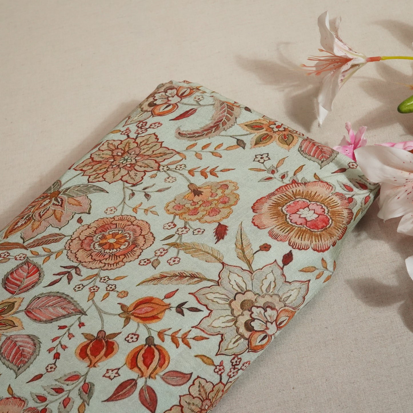 Sea Green Floral Raw Silk Fabric-SNTF-26979