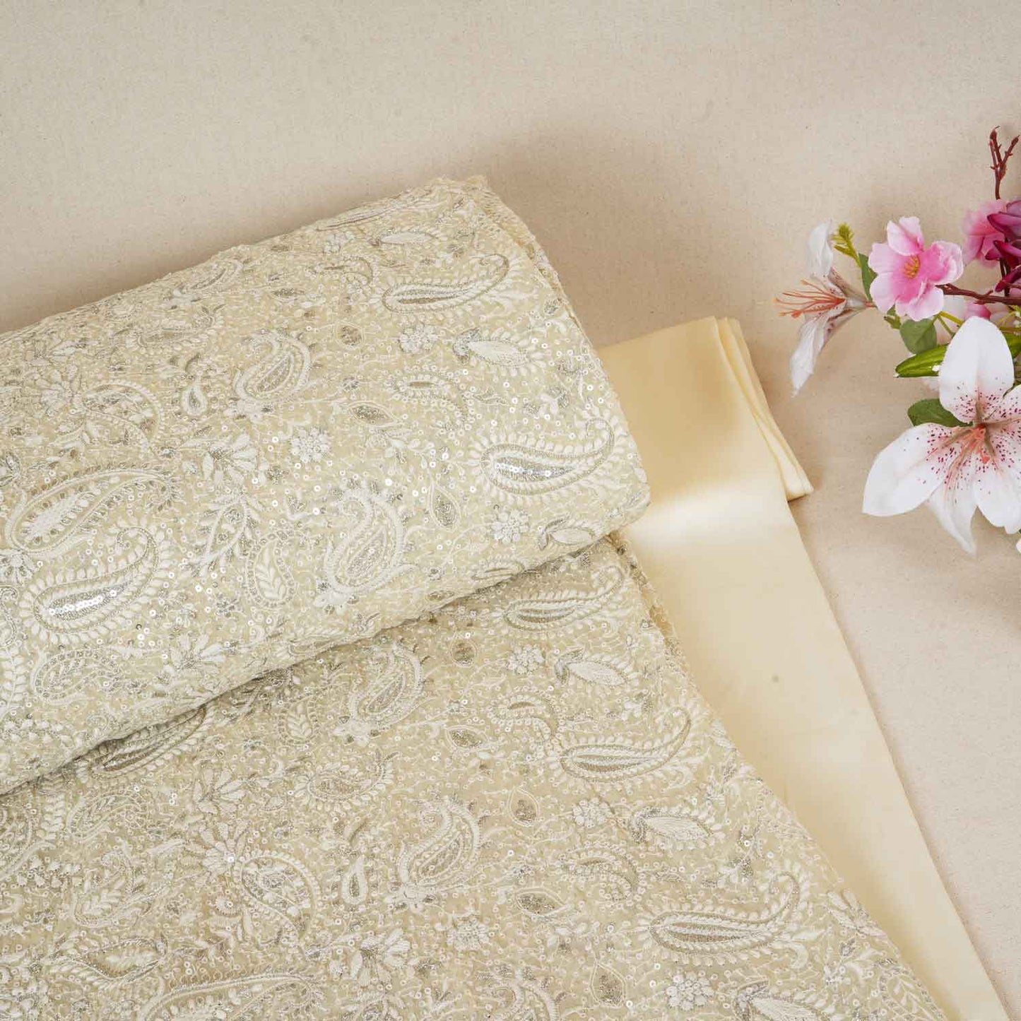 Lemon Yellow Paisley Sequins Embroidery Chikankari Georgette Fabric DRAJ-28274