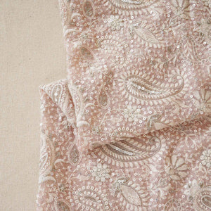 Peach Pink Paisley Sequins Embroidery Chikankari Georgette Fabric DR-28275 - TradeUNO
