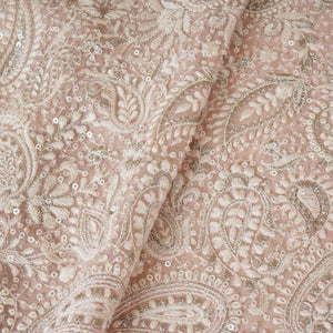 Peach Pink Paisley Sequins Embroidery Chikankari Georgette Fabric DR-28275 - TradeUNO