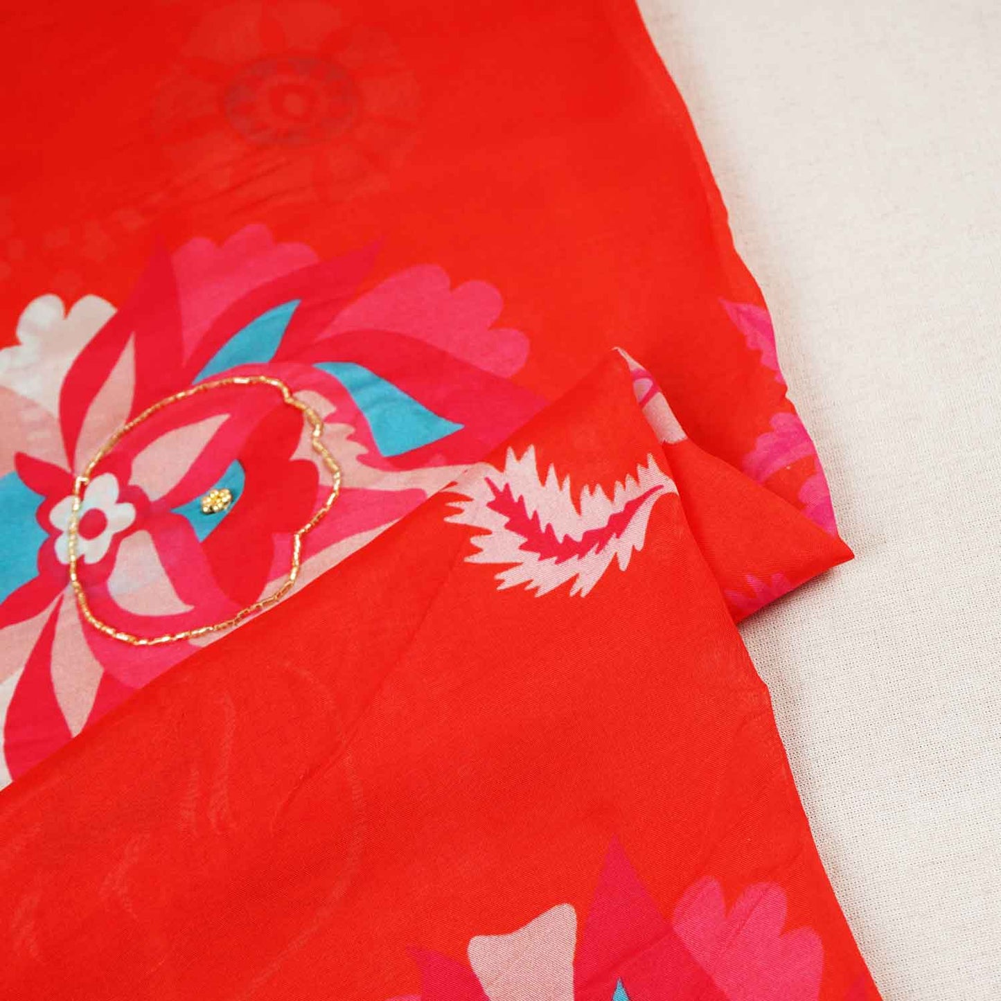 Orange Floral hand embroidery Viscose Organza Fabric MF-27526