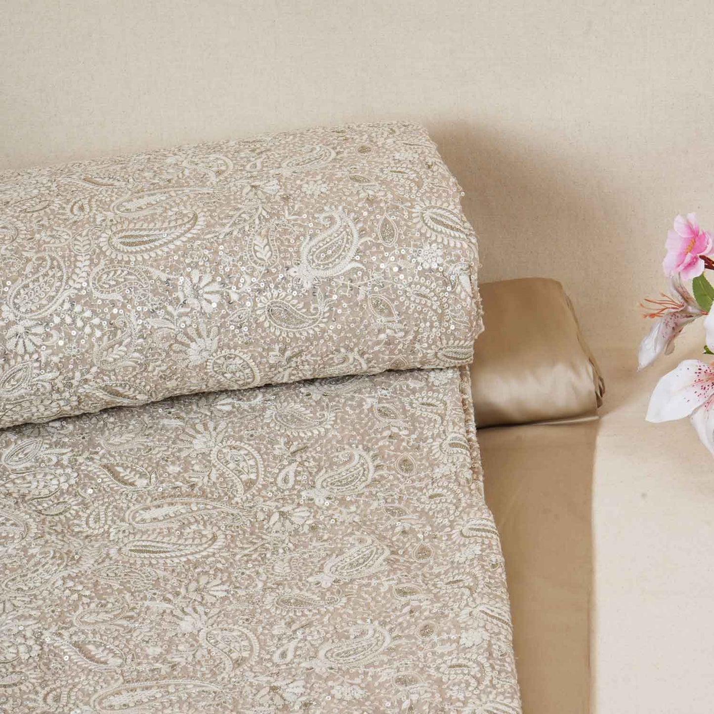 Beige Paisley Sequins Embroidery Chikankari Georgette Fabric DRAJ-28277