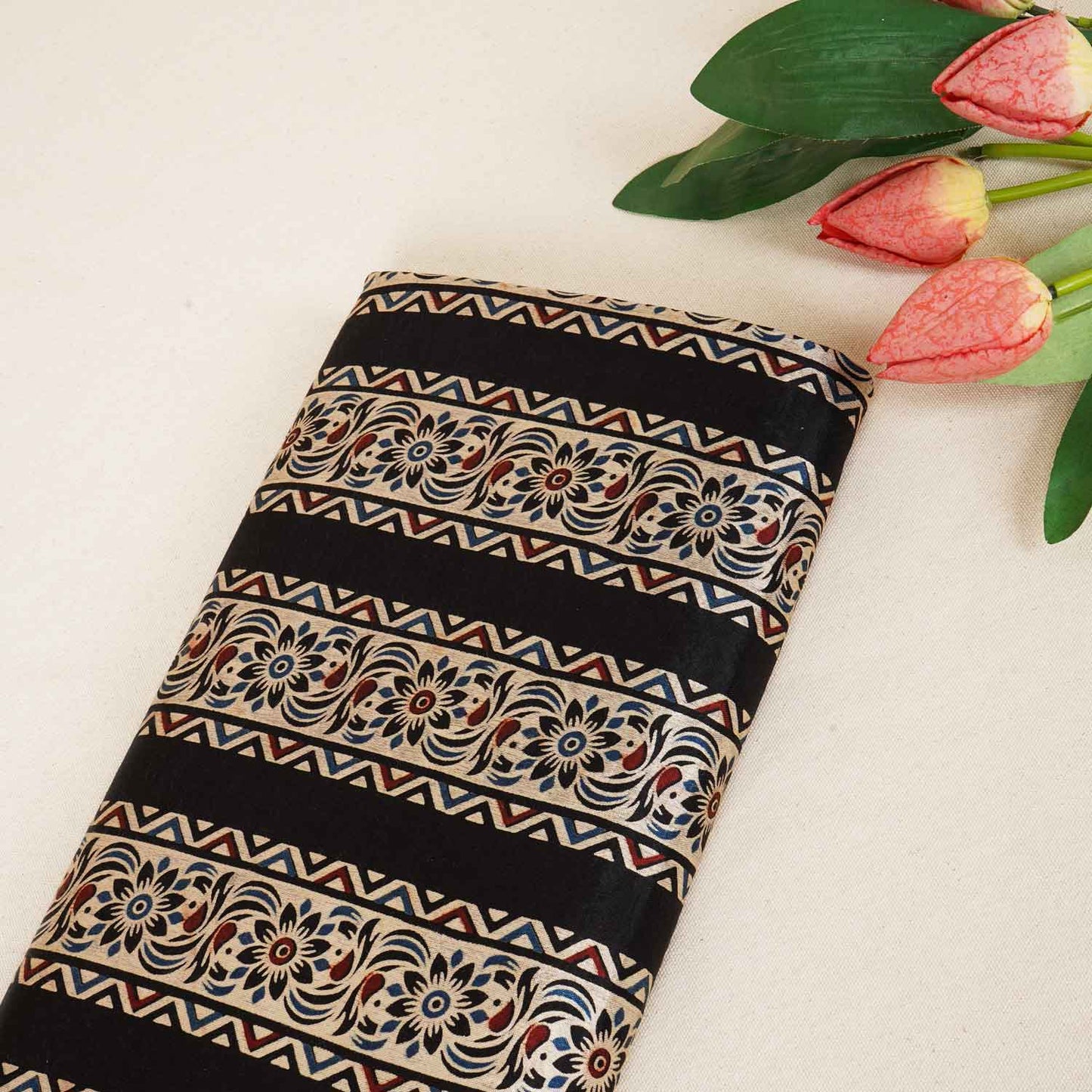 Black Ajrakh Print Mashru Silk Fabric IA-27798
