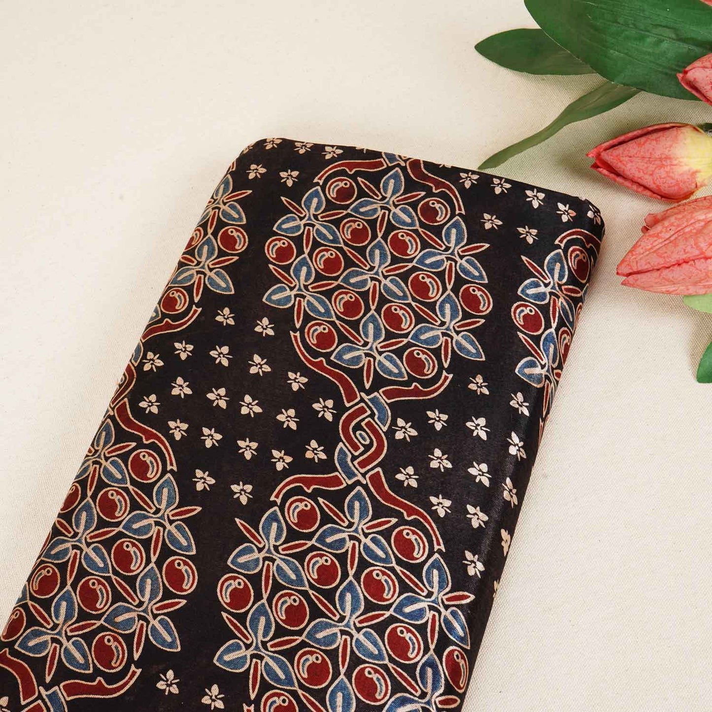 Black Ajrakh Print Mashru Silk Fabric IA-27800