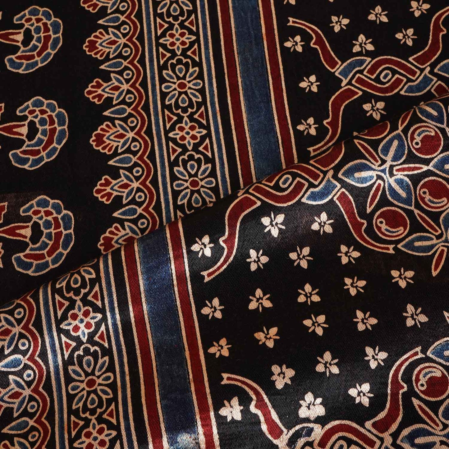 Black Ajrakh Print Mashru Silk Fabric IA-27800