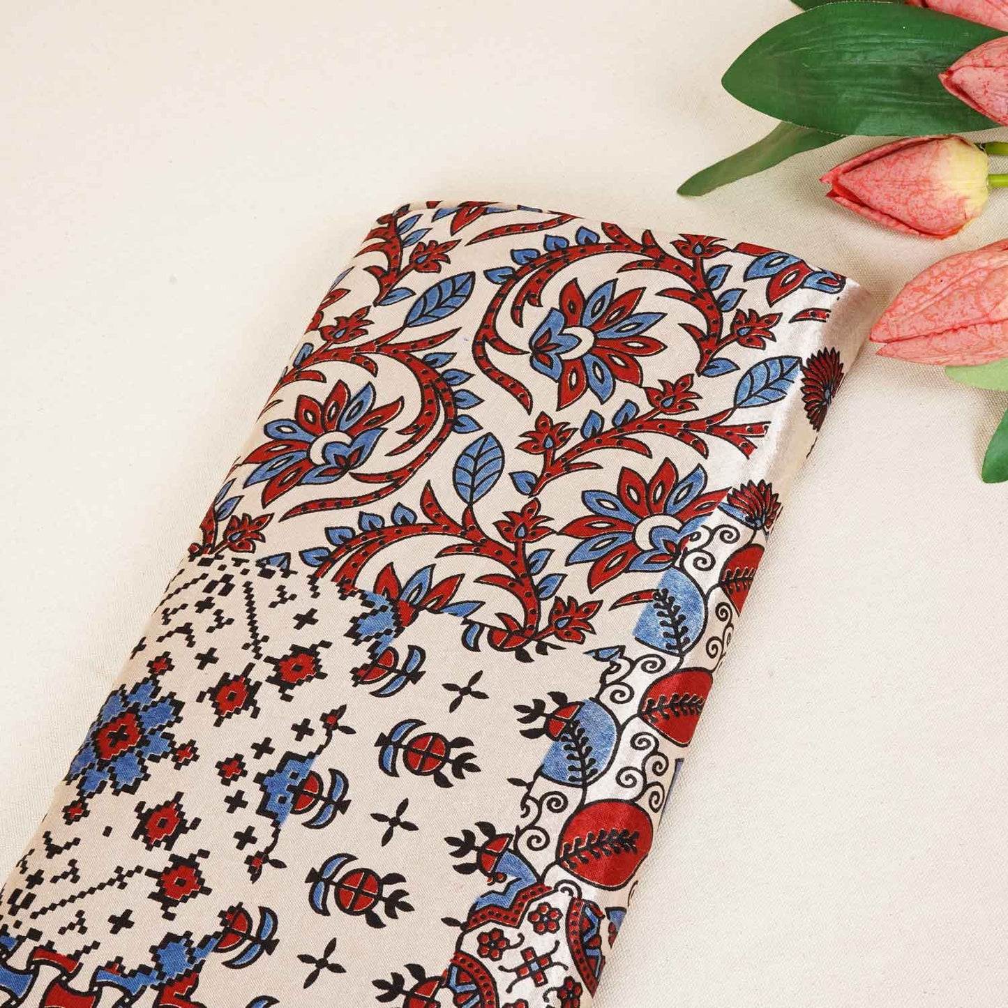 Beige Ajrakh Print Mashru Silk Fabric IA-27804
