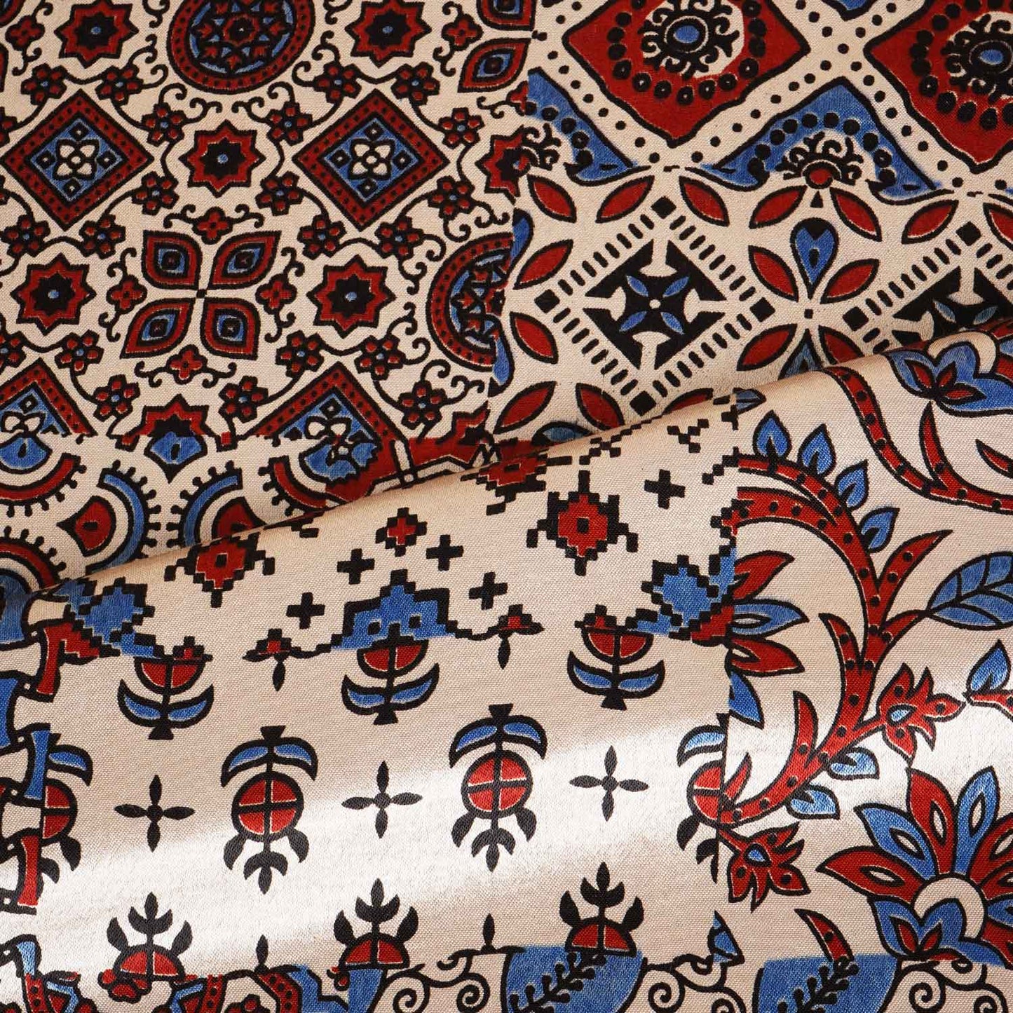 Beige Ajrakh Print Mashru Silk Fabric IA-27804