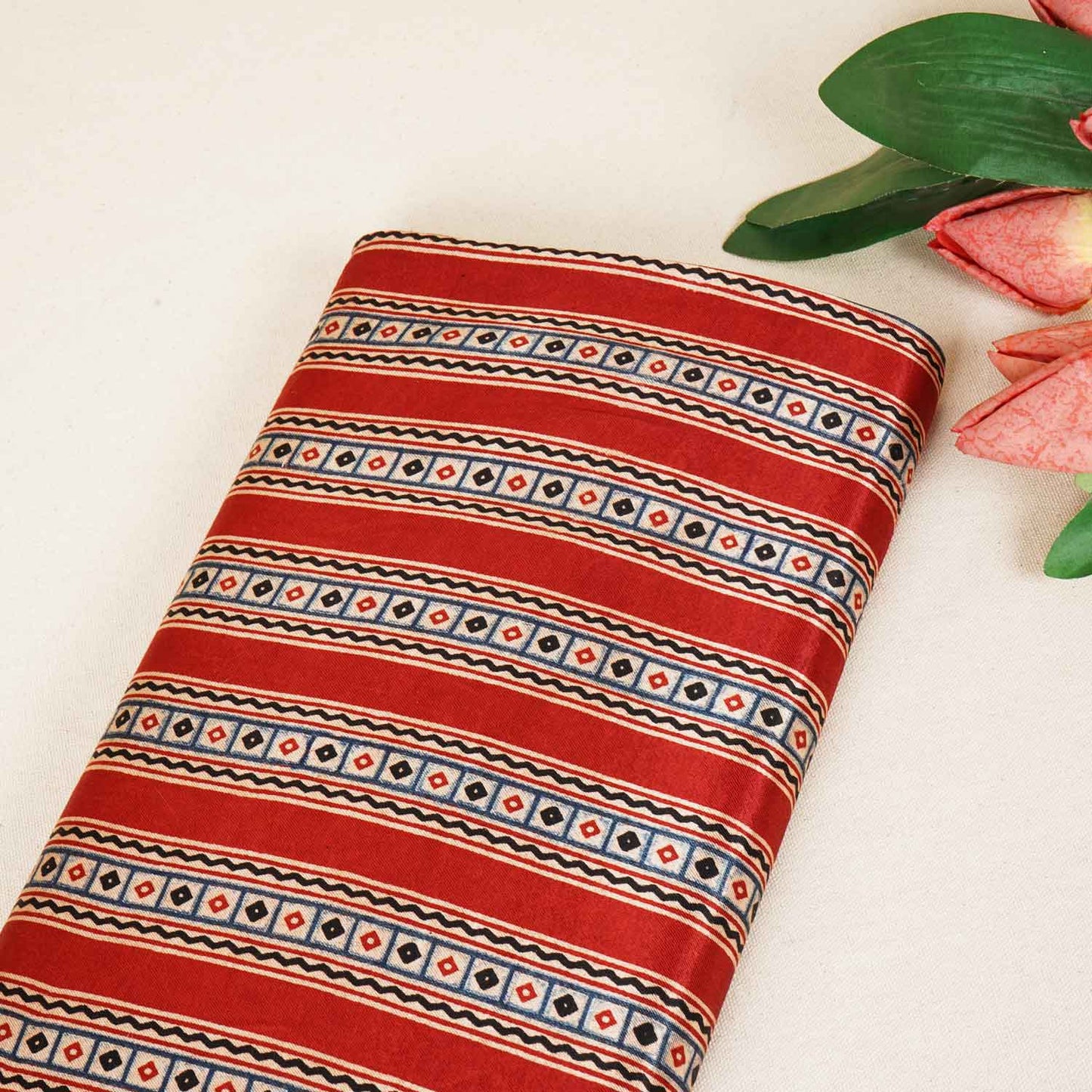 Red Ajrakh Print Mashru Silk Fabric IA-27812