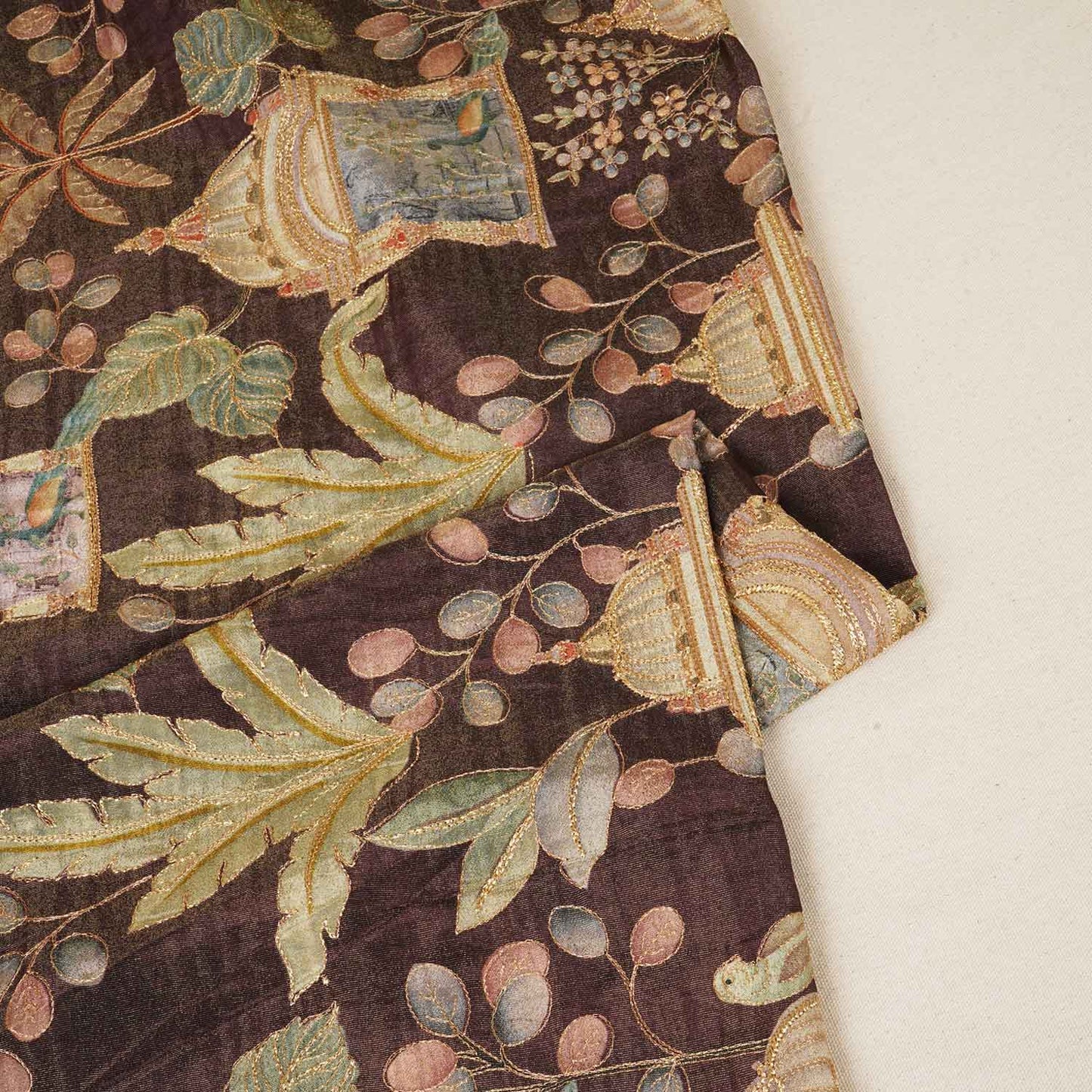 Brown Traditional Position Print Zari Embroidery Tissue Fabric SC-27830