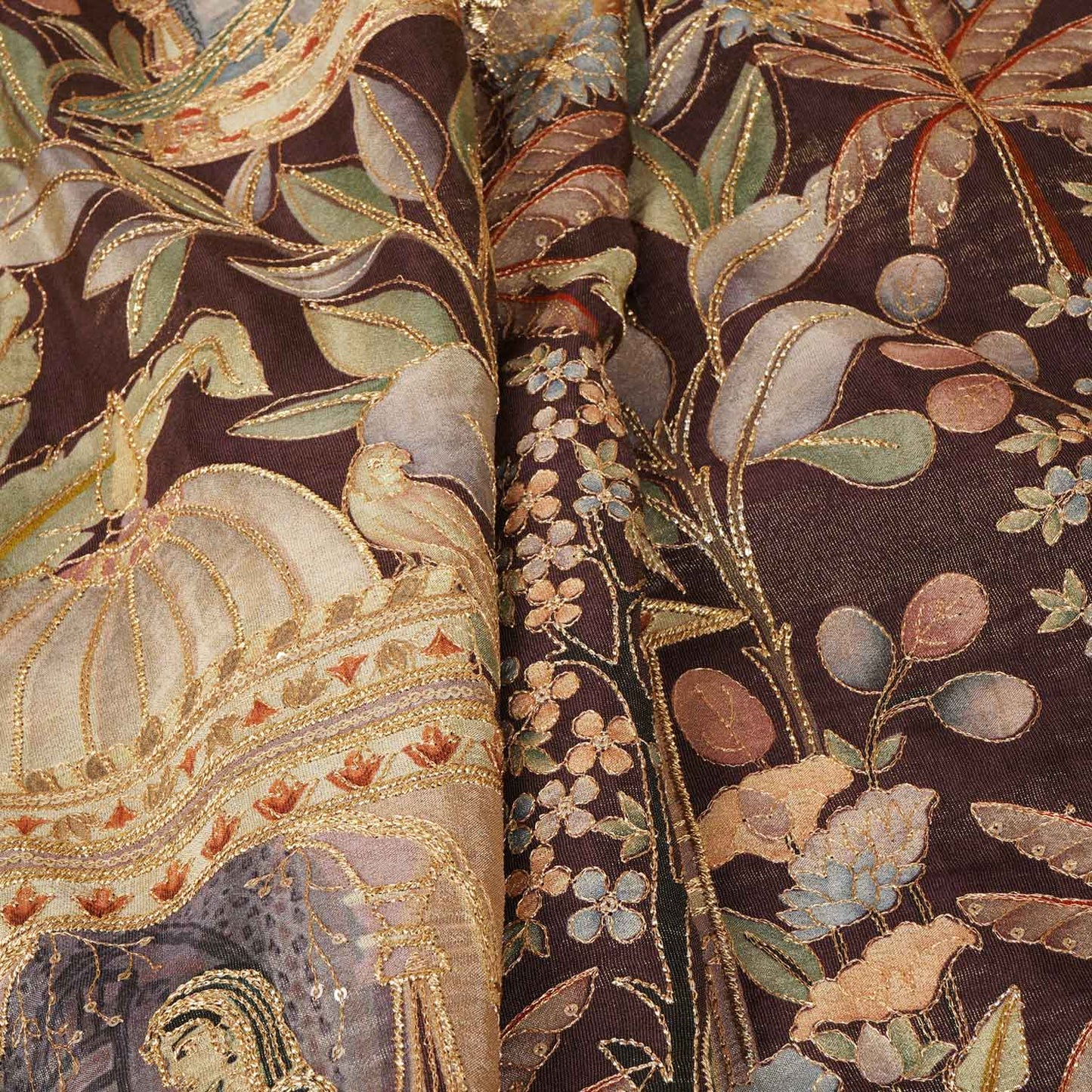 Brown Traditional Position Print Zari Embroidery Tissue Fabric SC-27830