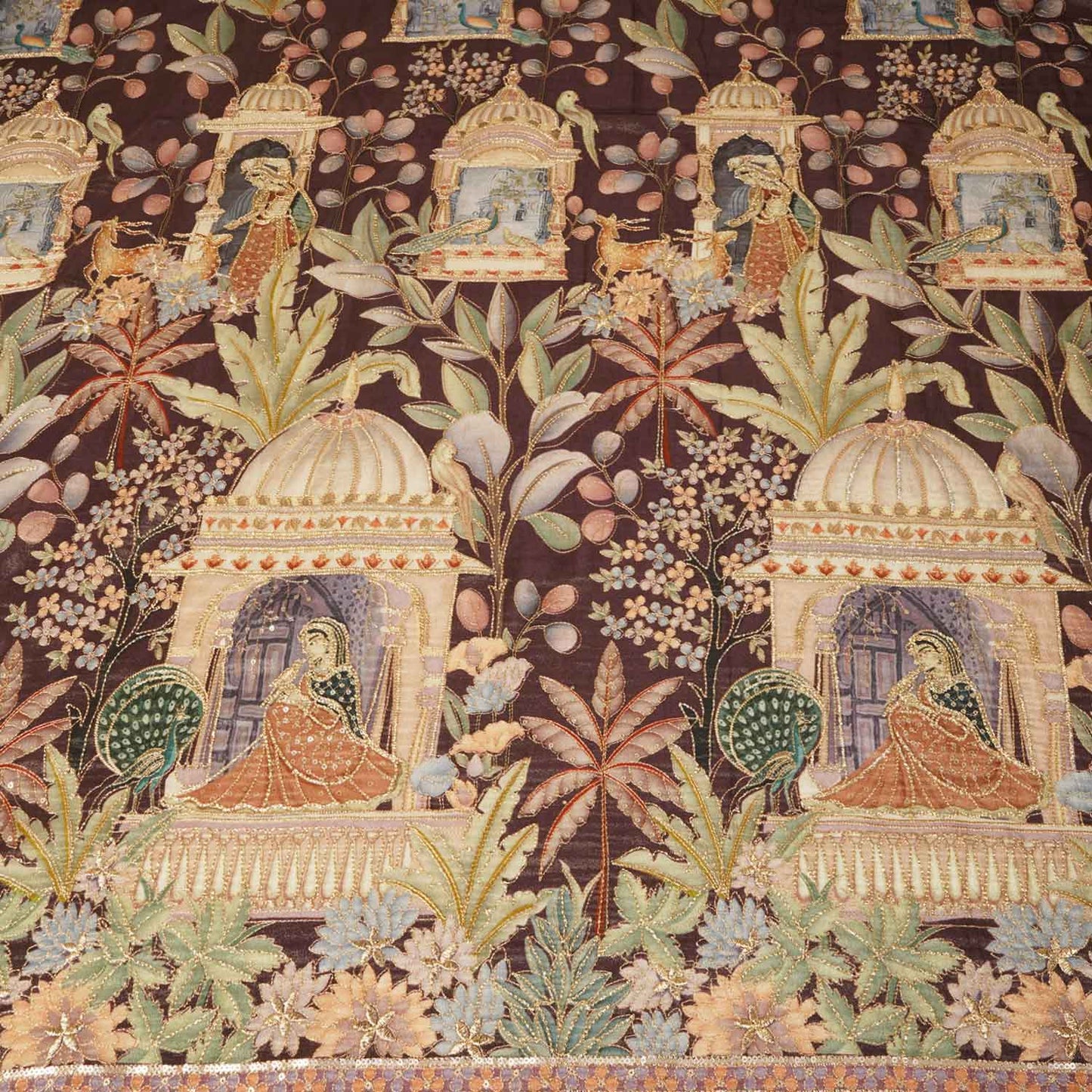 Brown Traditional Position Print Zari Embroidery Tissue Fabric SC-27830