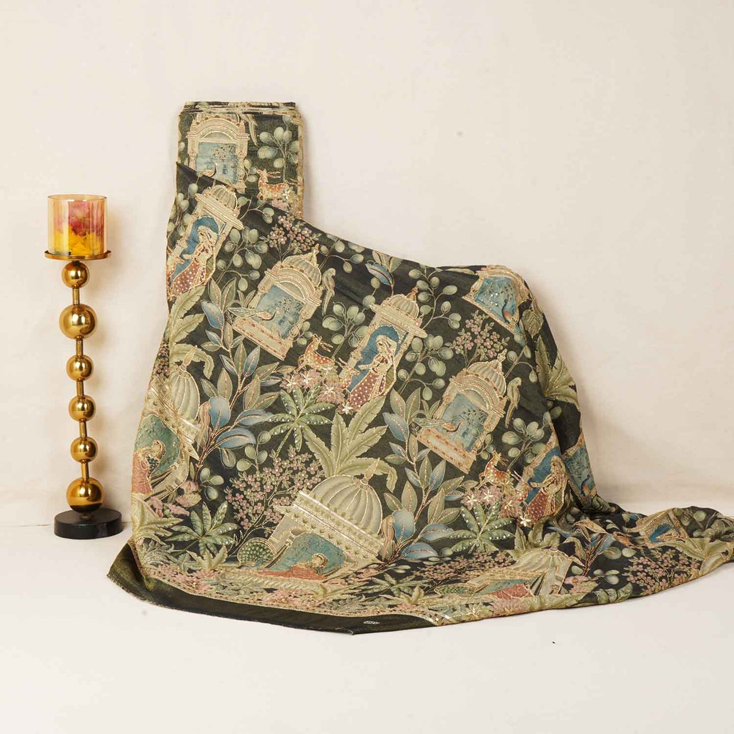 Olive Green Traditional Position Print Zari Embroidery Tissue Fabric SC-27831