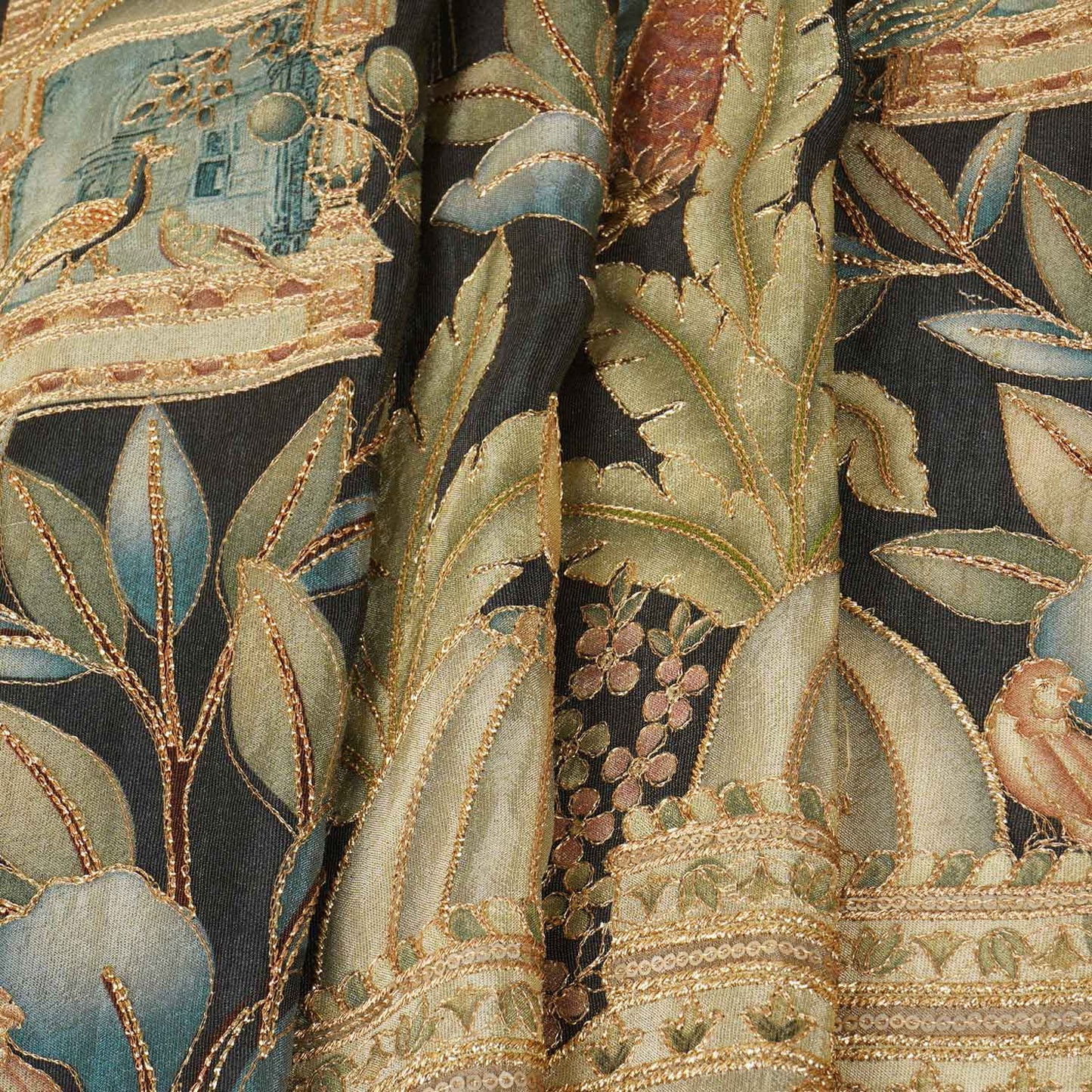 Olive Green Traditional Position Print Zari Embroidery Tissue Fabric SC-27831