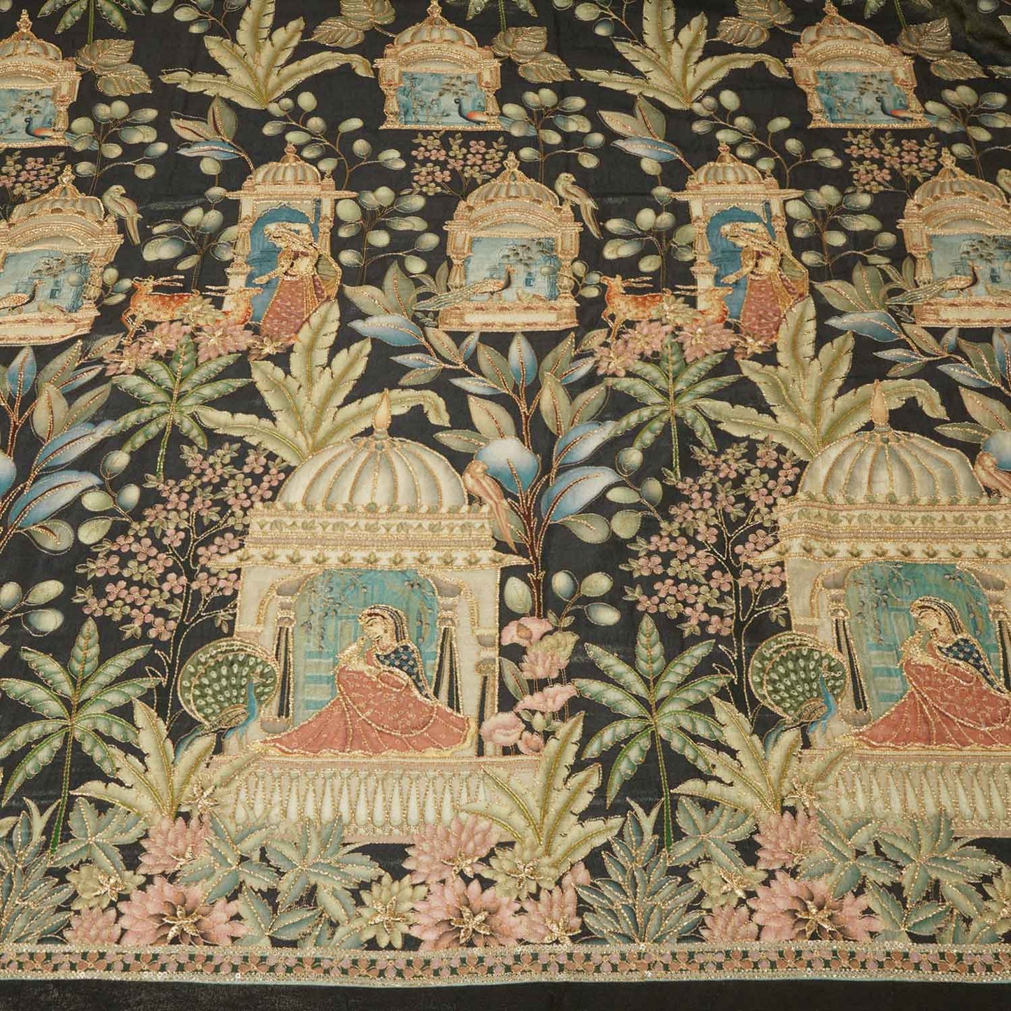 Olive Green Traditional Position Print Zari Embroidery Tissue Fabric SC-27831