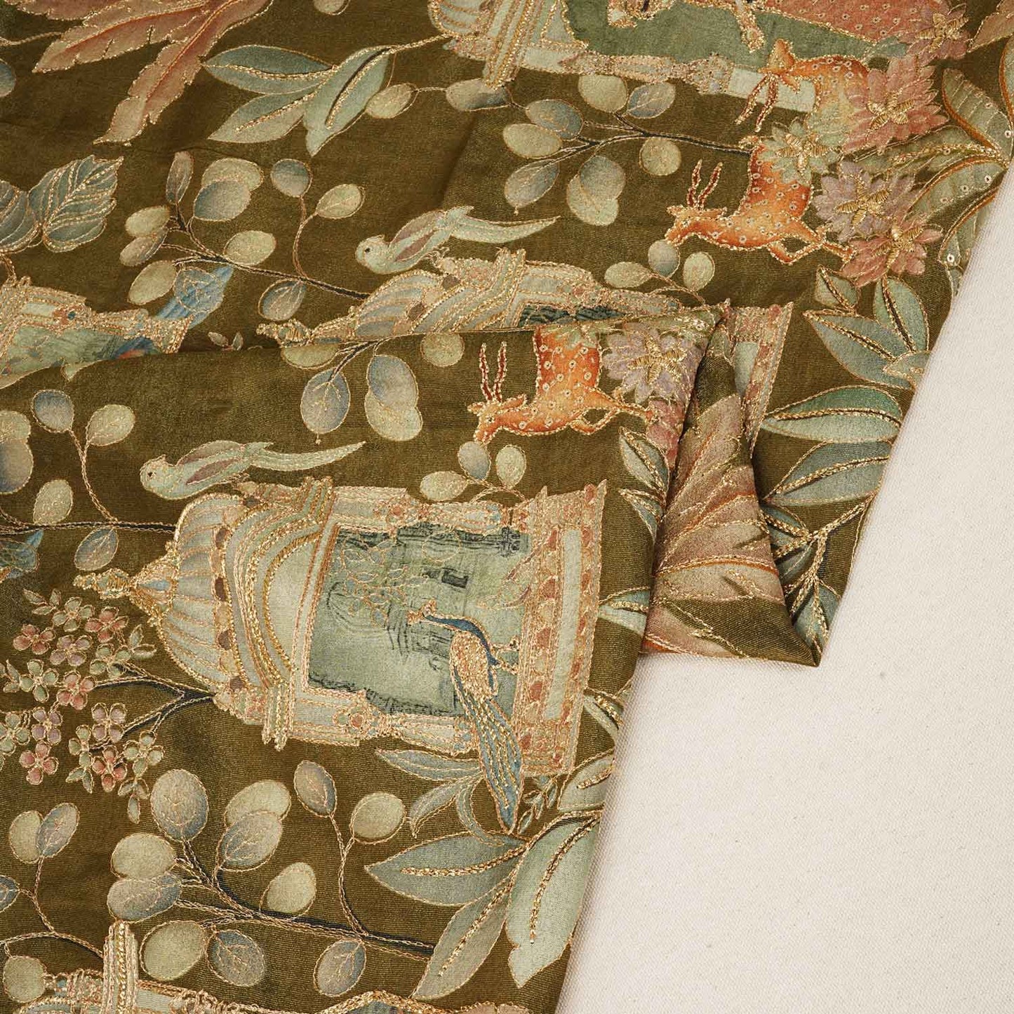 Teal Green Traditional Position Print Zari Embroidery Tissue Fabric SC-27832