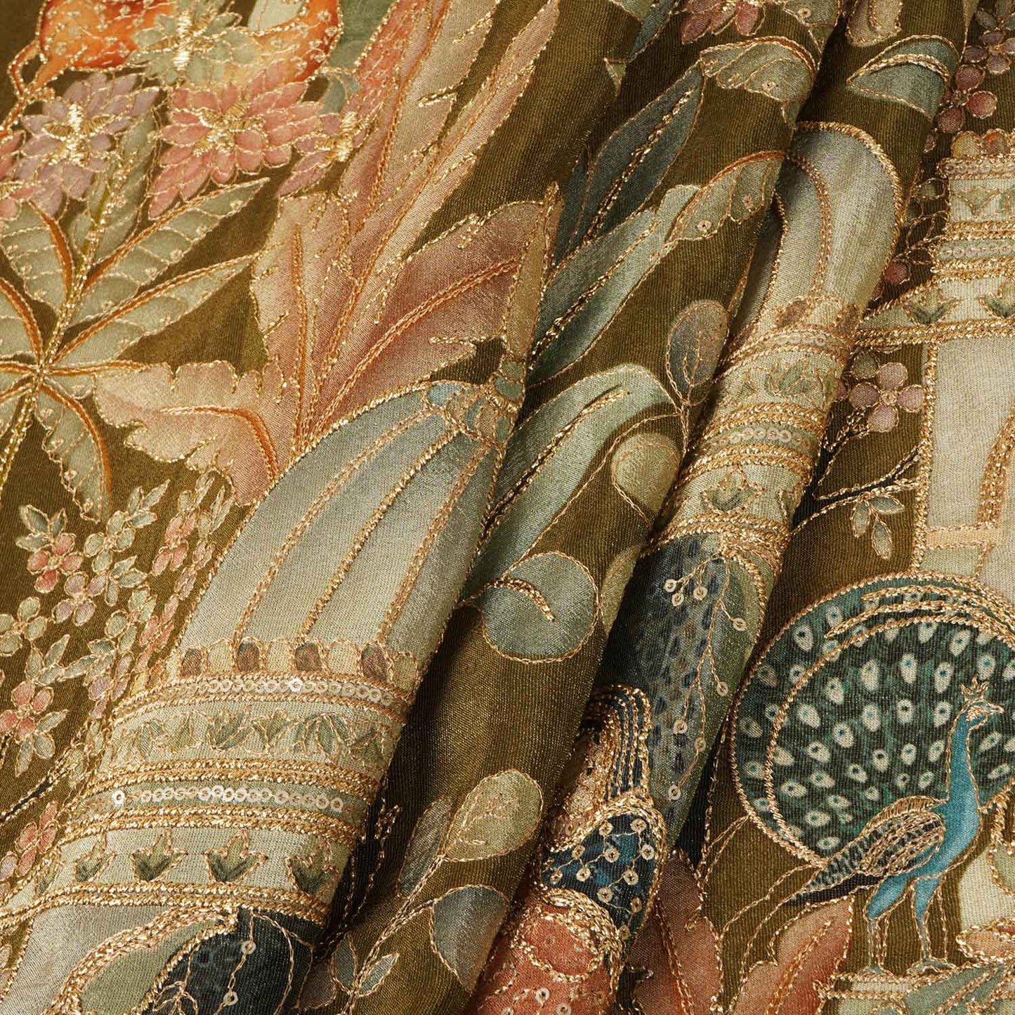 Teal Green Traditional Position Print Zari Embroidery Tissue Fabric SC-27832