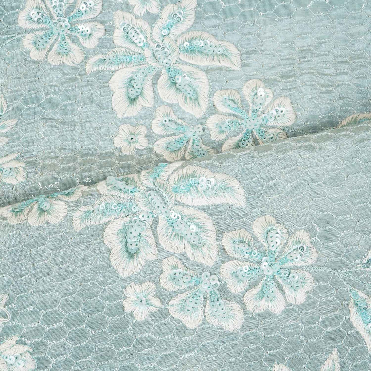 Blue Floral Zari Embroidery Tissue Fabric SC-27834