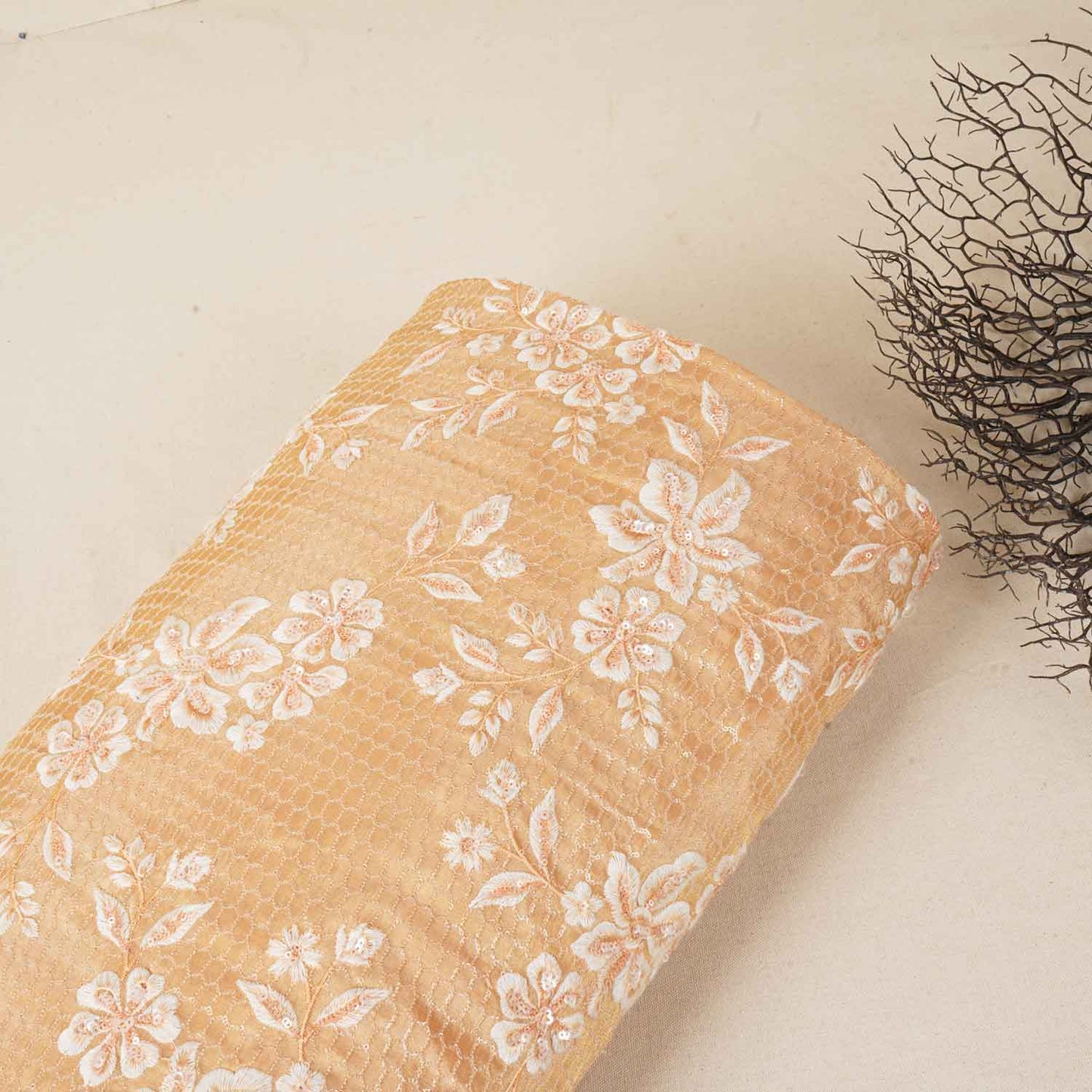 Peach Floral Zari Embroidery Tissue Fabric SC-27835