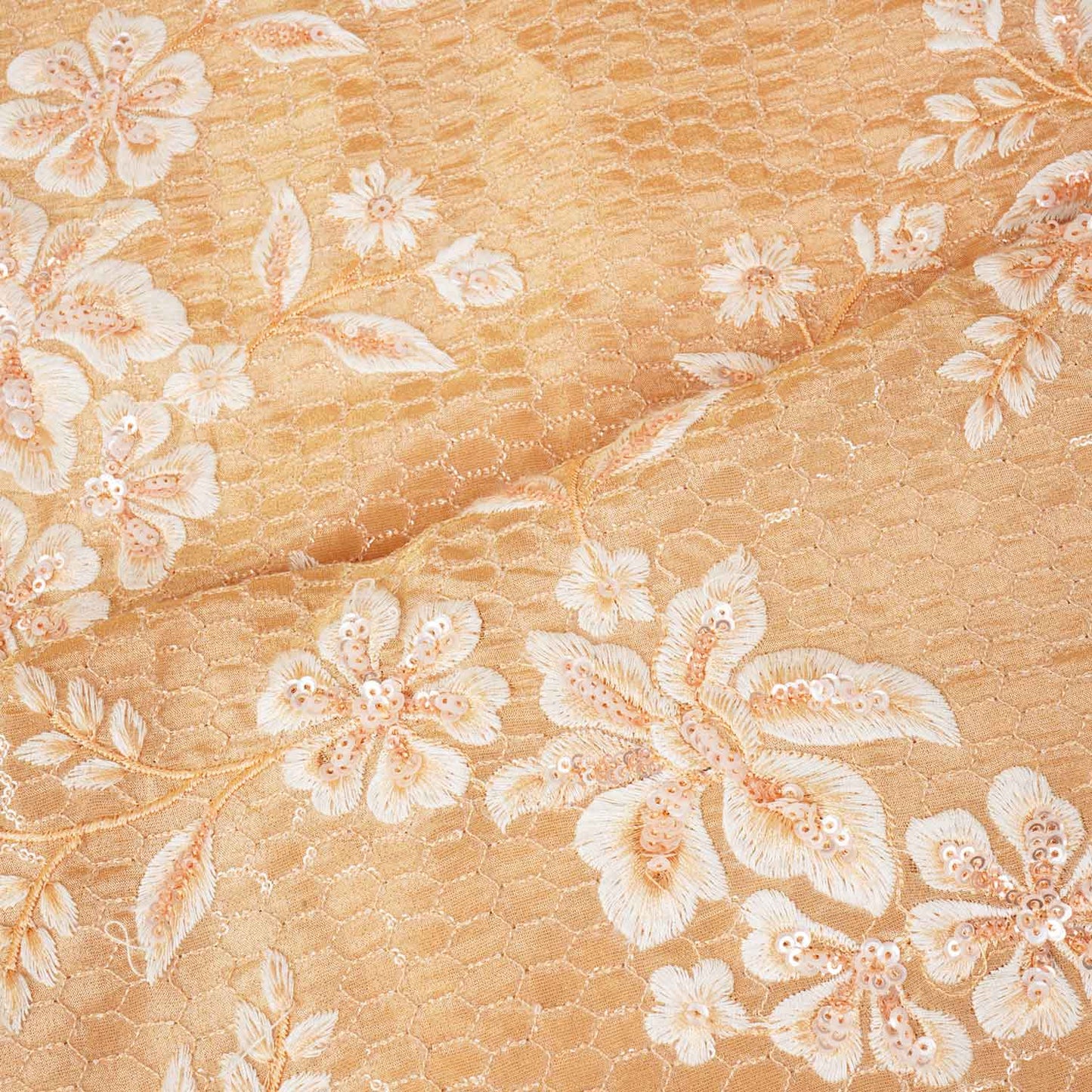 Peach Floral Zari Embroidery Tissue Fabric SC-27835