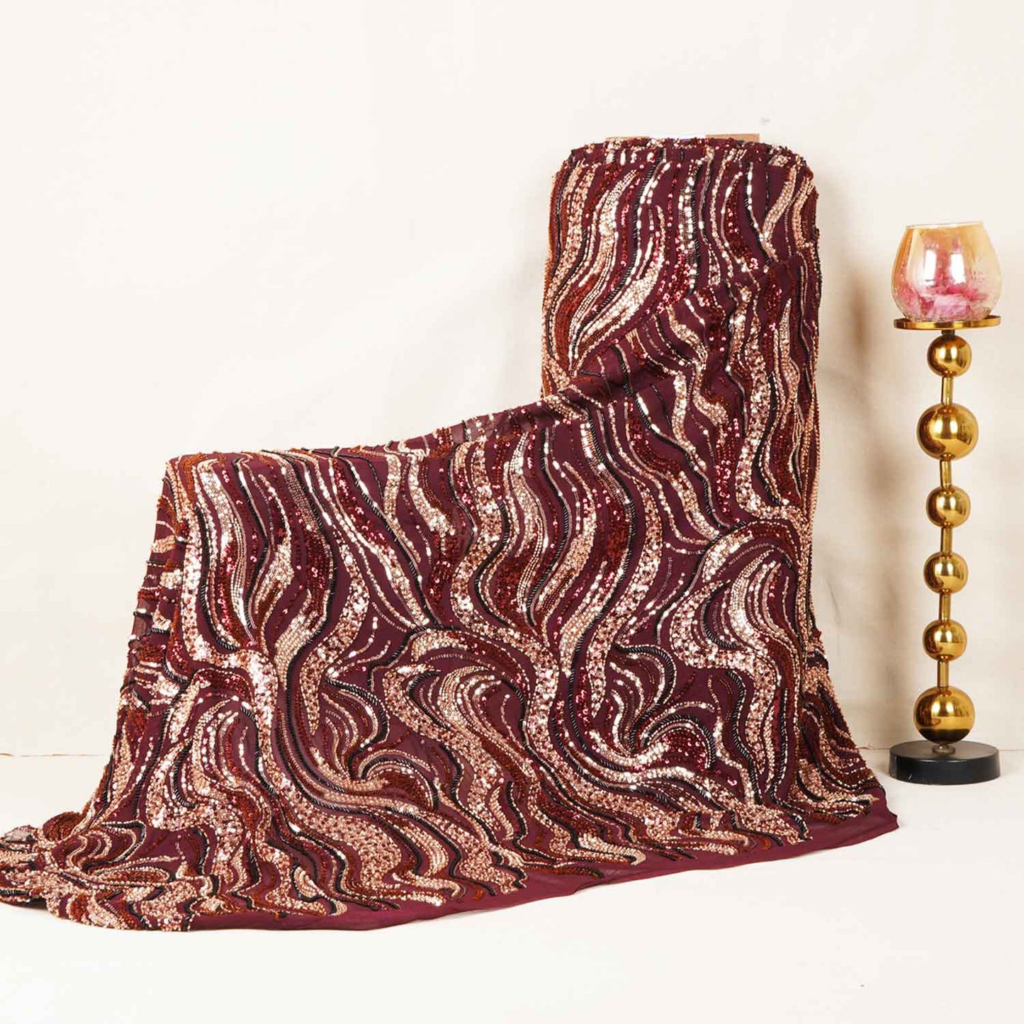 Wine Cutdana Embroidery Sequins Georgette Fabric AF-27843