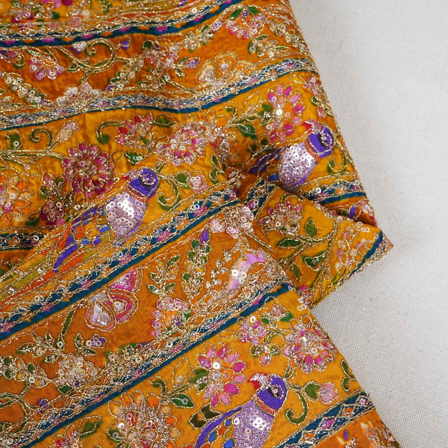 Mustard yellow Multicolour Zari Embroidery Crepe Fabric HCS-27910