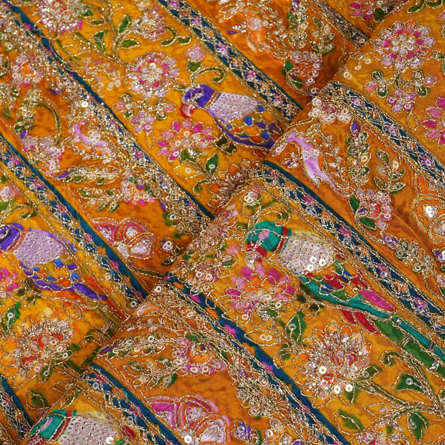 Mustard yellow Multicolour Zari Embroidery Crepe Fabric HCS-27910