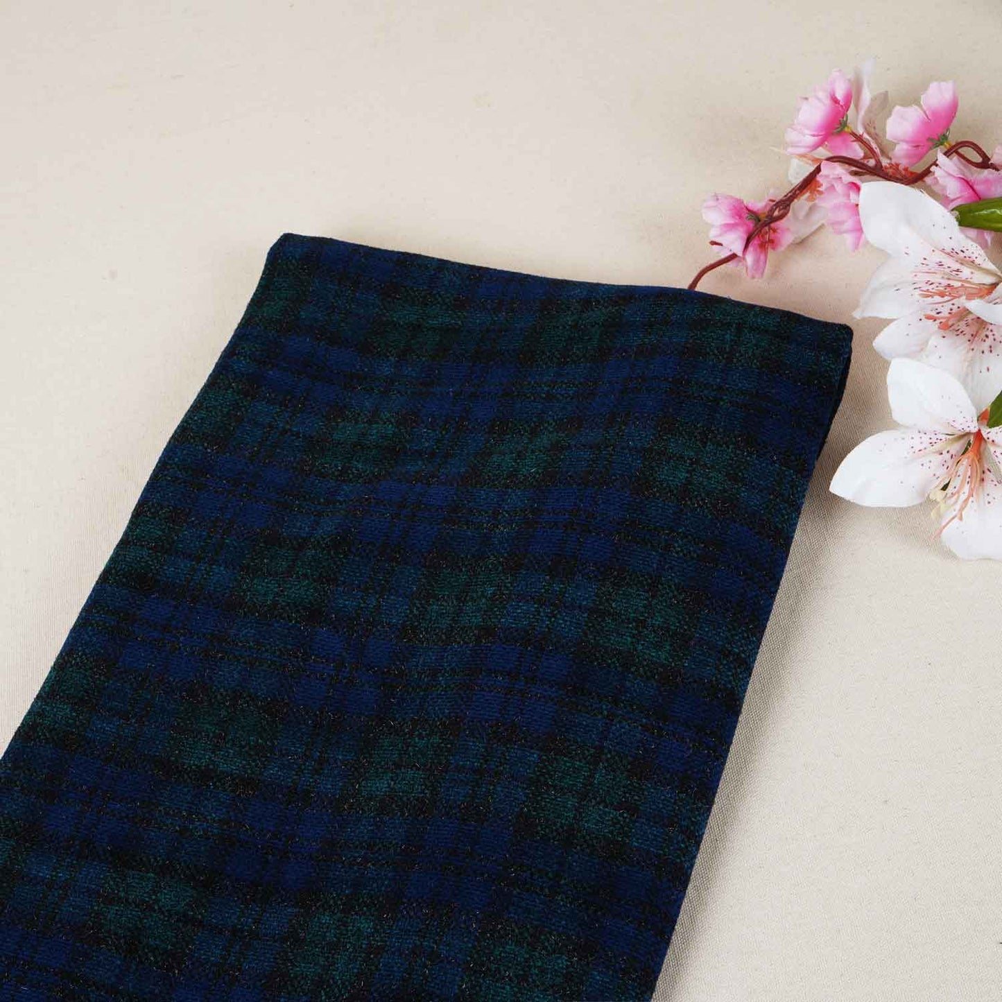 Navy Blue & Green Check Tweed Fabric EI-27942