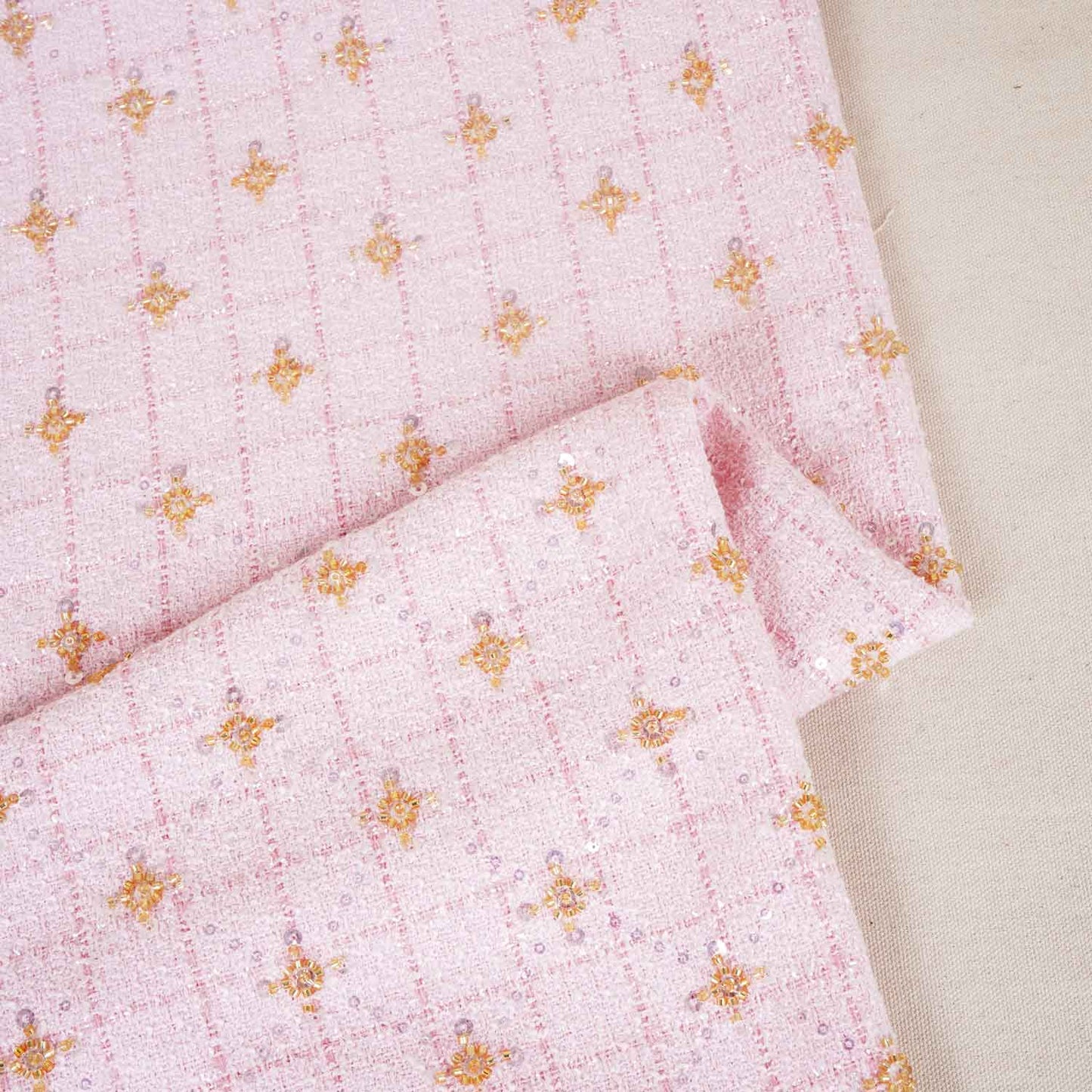 Pink Cutdana Tweed Fabric AF-27964