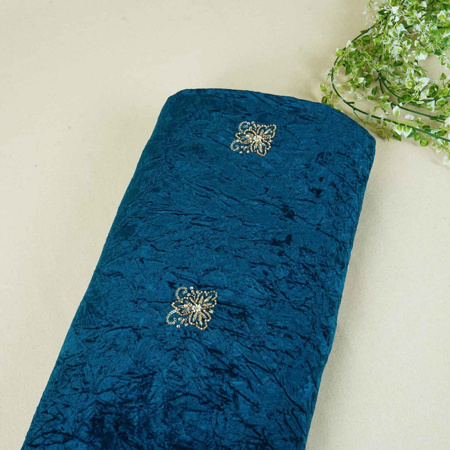 Teal Blue Floral Cutdana Crushed Velvet 9000 SC-27991
