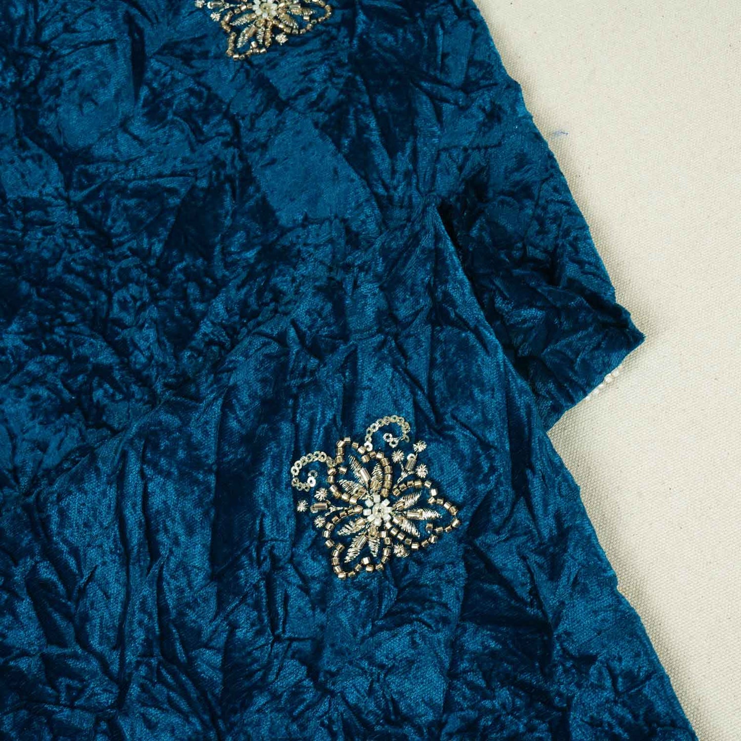 Teal Blue Floral Cutdana Crushed Velvet 9000 SC-27991