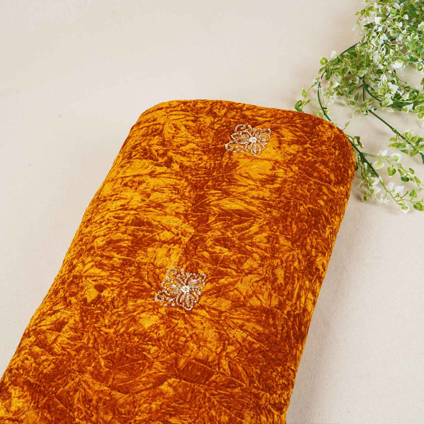 Mustard Floral Cutdana Crushed Velvet 9000 SC-27992
