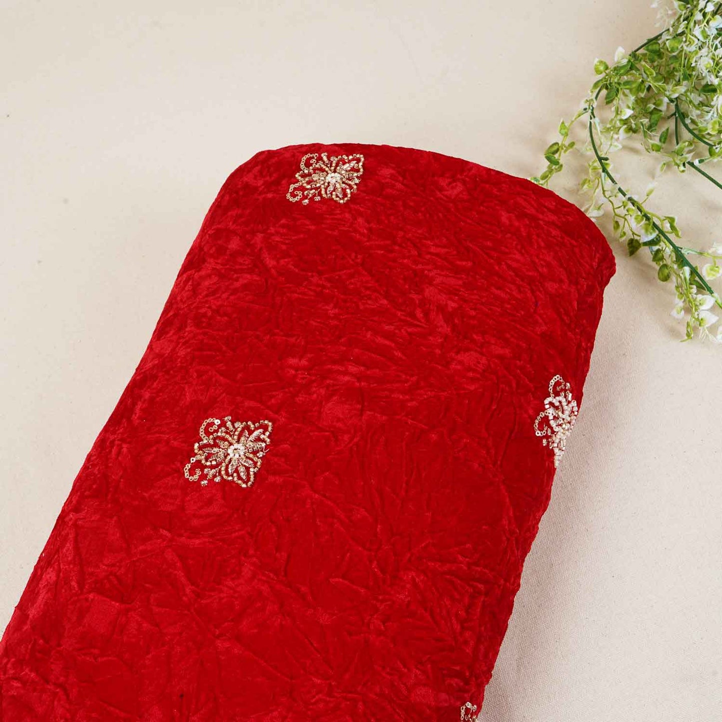 Red Floral Cutdana Crushed Velvet 9000 SC-27994