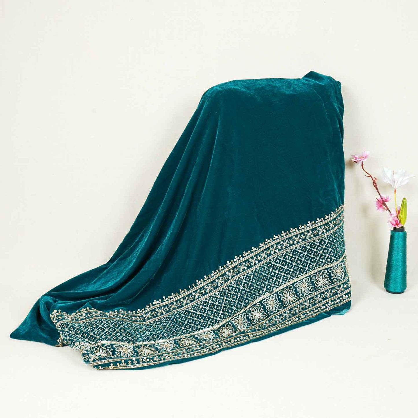 Green Border Work Cutdana Embroidery Micro Velvet 9000 SC-27999