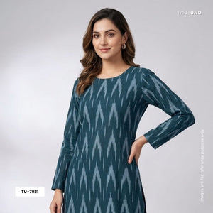Teal Green With Blue Ikkat Print Cotton TU-7921 - TradeUNO