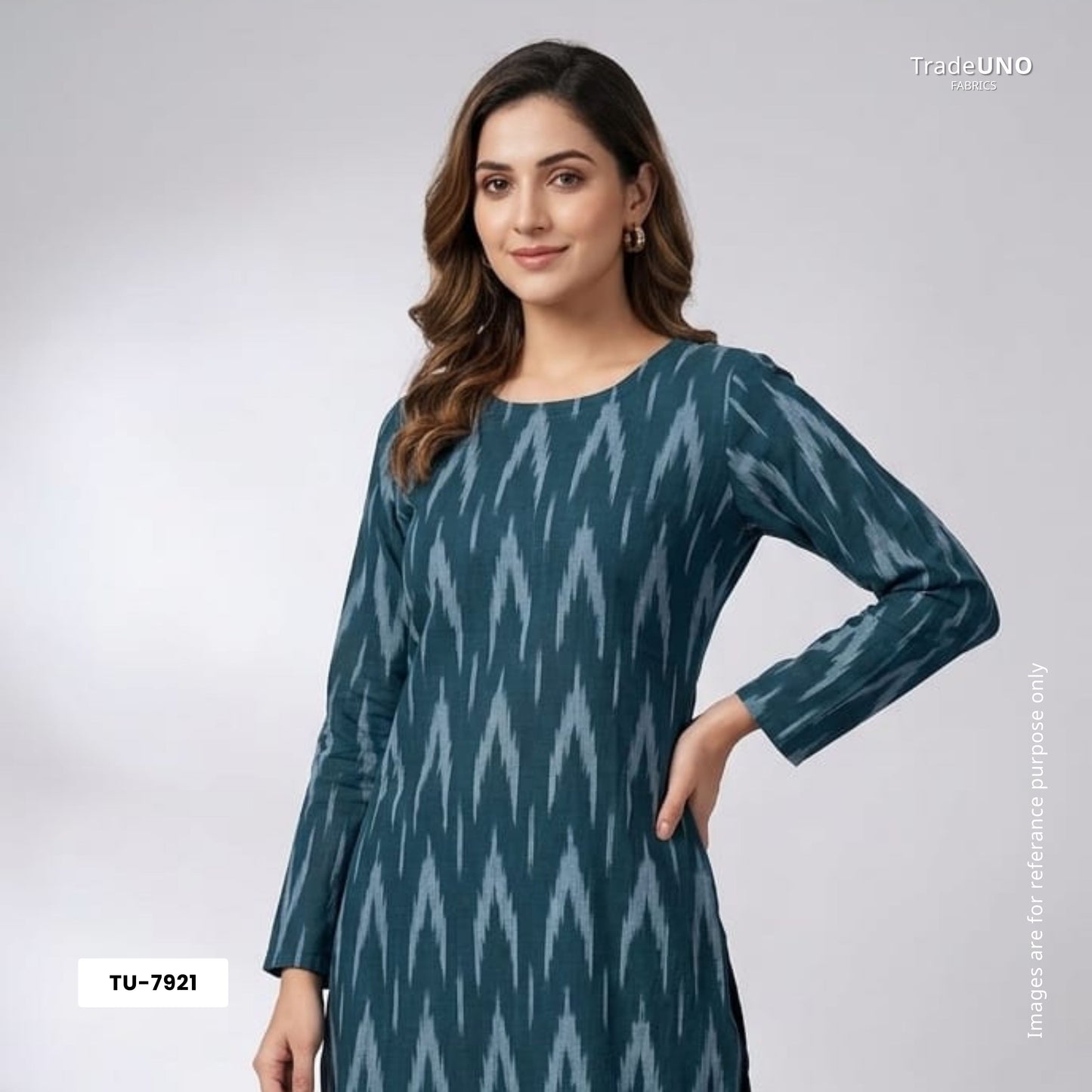 Teal Green With Blue Ikkat Print Cotton TU-7921