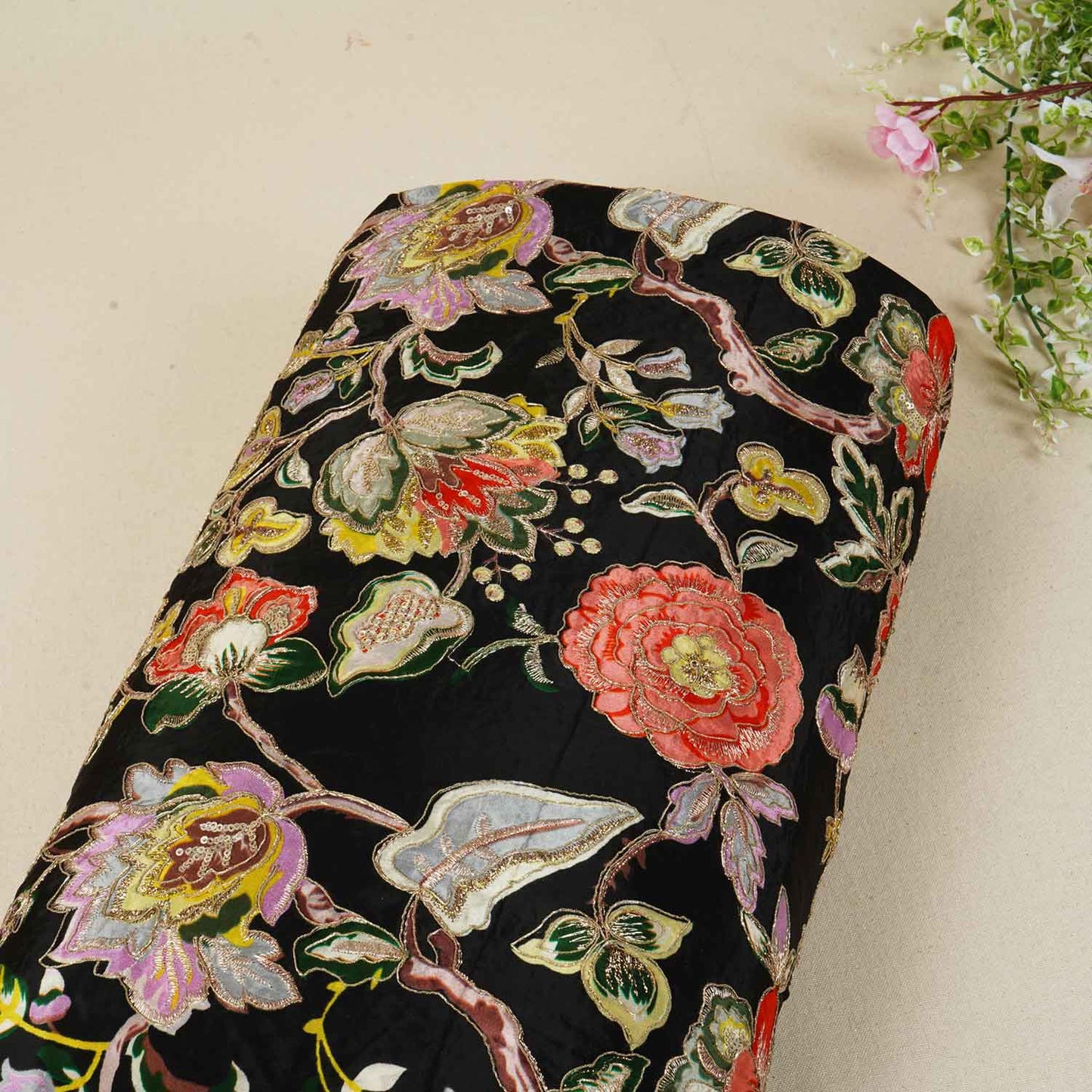 Black Position Print Zari Embroidery Crepe Fabric NF-28006