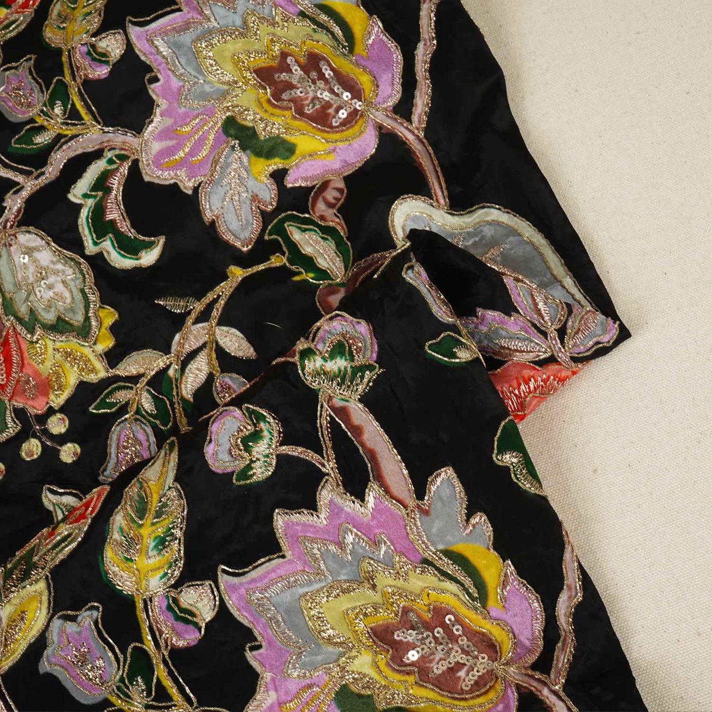 Black Position Print Zari Embroidery Crepe Fabric NF-28006