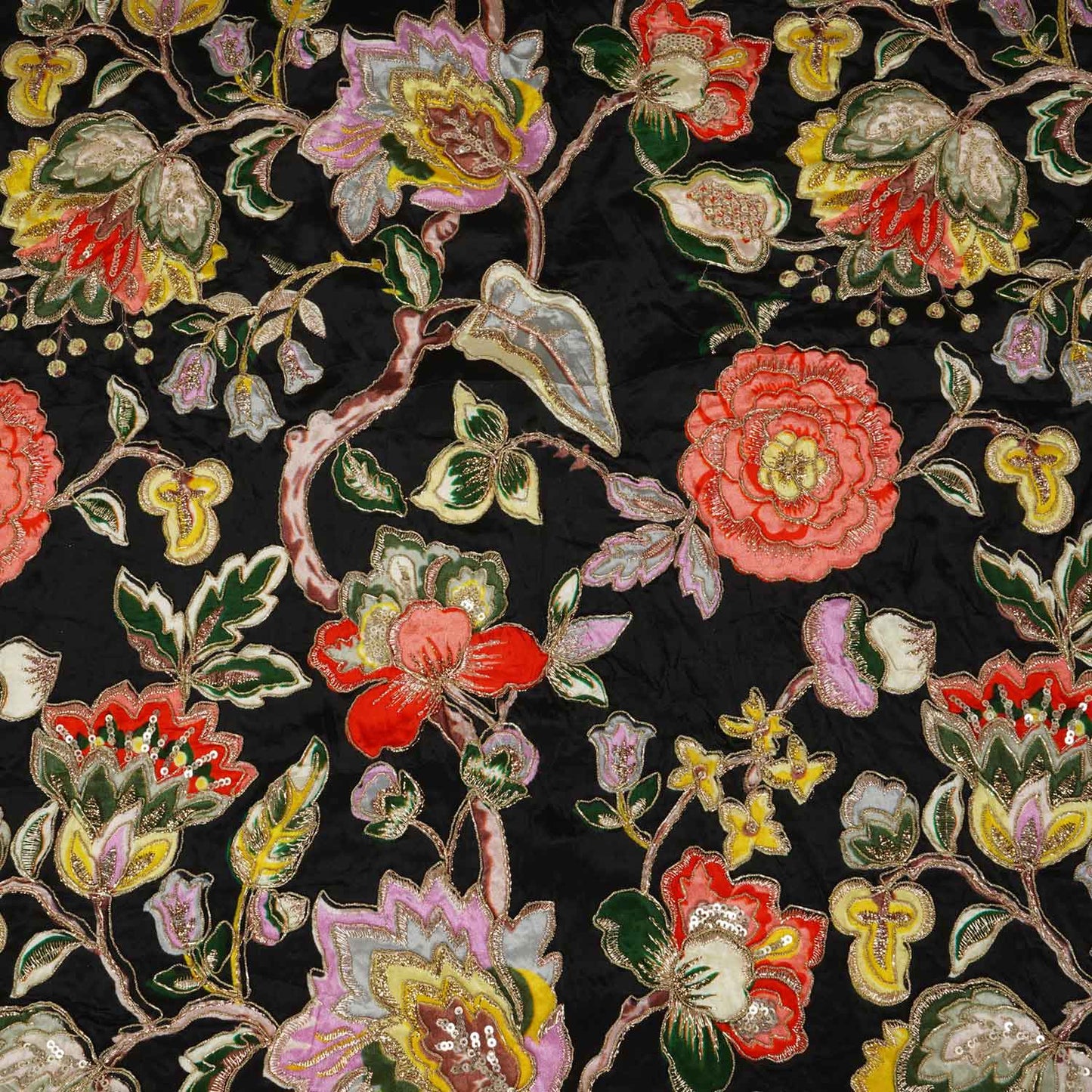 Black Position Print Zari Embroidery Crepe Fabric NF-28006