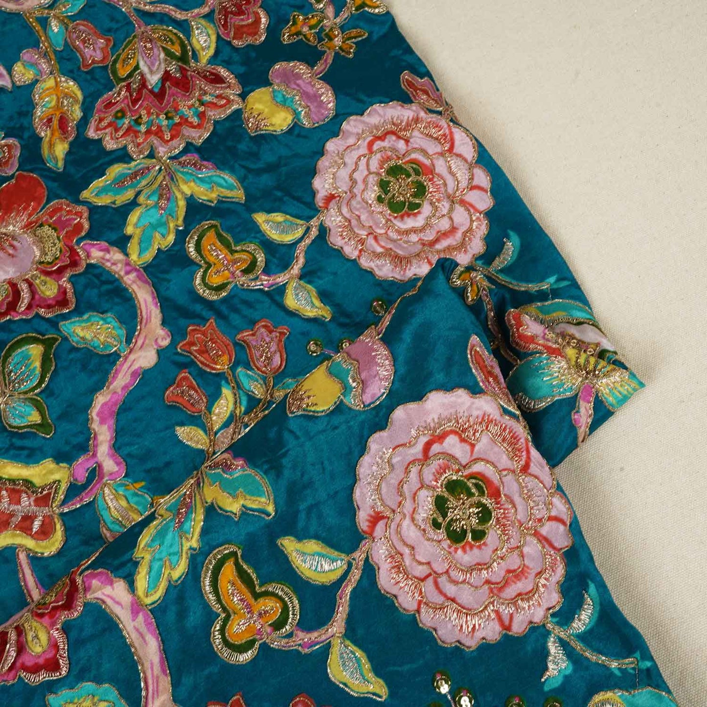 Teal Blue Position Print Zari Embroidery Crepe Fabric NF-28007