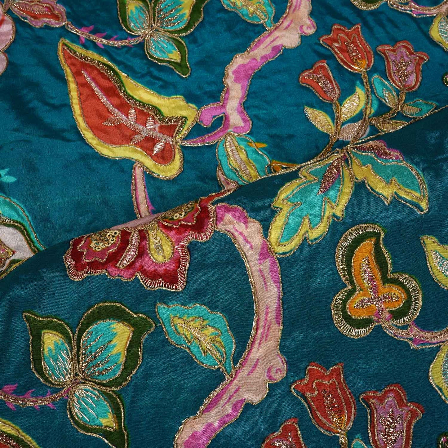Teal Blue Position Print Zari Embroidery Crepe Fabric NF-28007