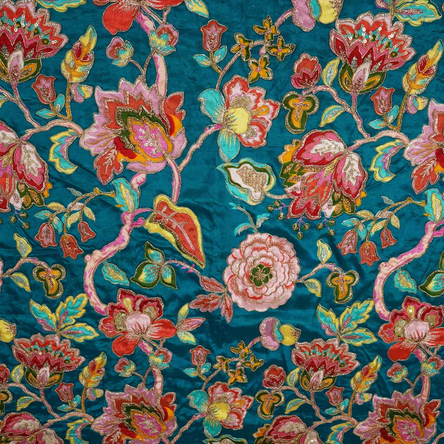 Teal Blue Position Print Zari Embroidery Crepe Fabric NF-28007
