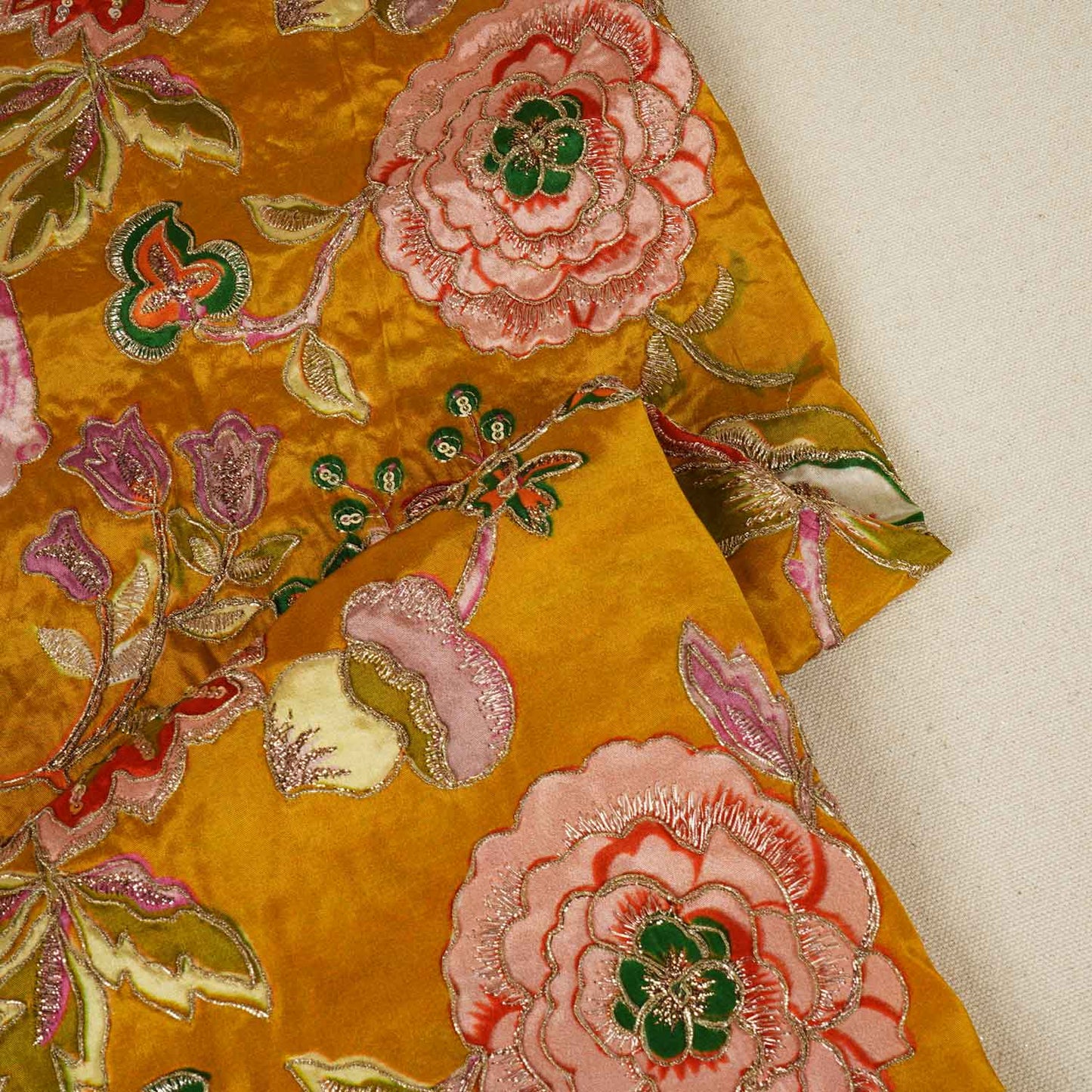 Mustard Yellow Position Print Zari Embroidery Crepe Fabric NF-28010