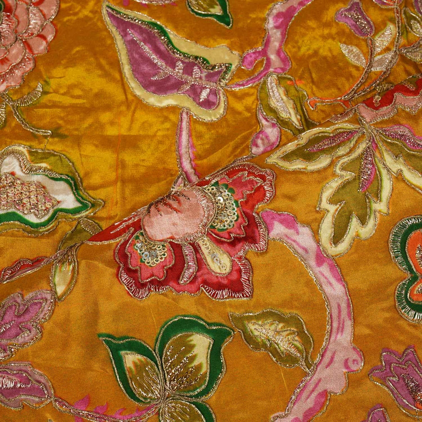 Mustard Yellow Position Print Zari Embroidery Crepe Fabric NF-28010